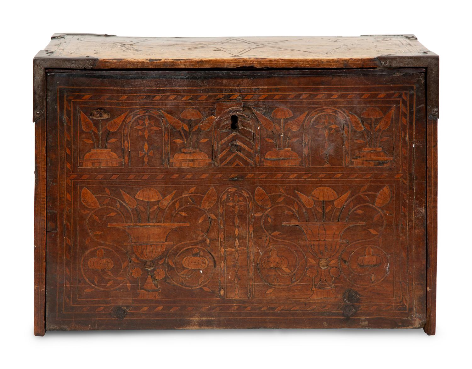 A Spanish Iron Mounted Walnut Marquetry Vargueno/Traveling Desk