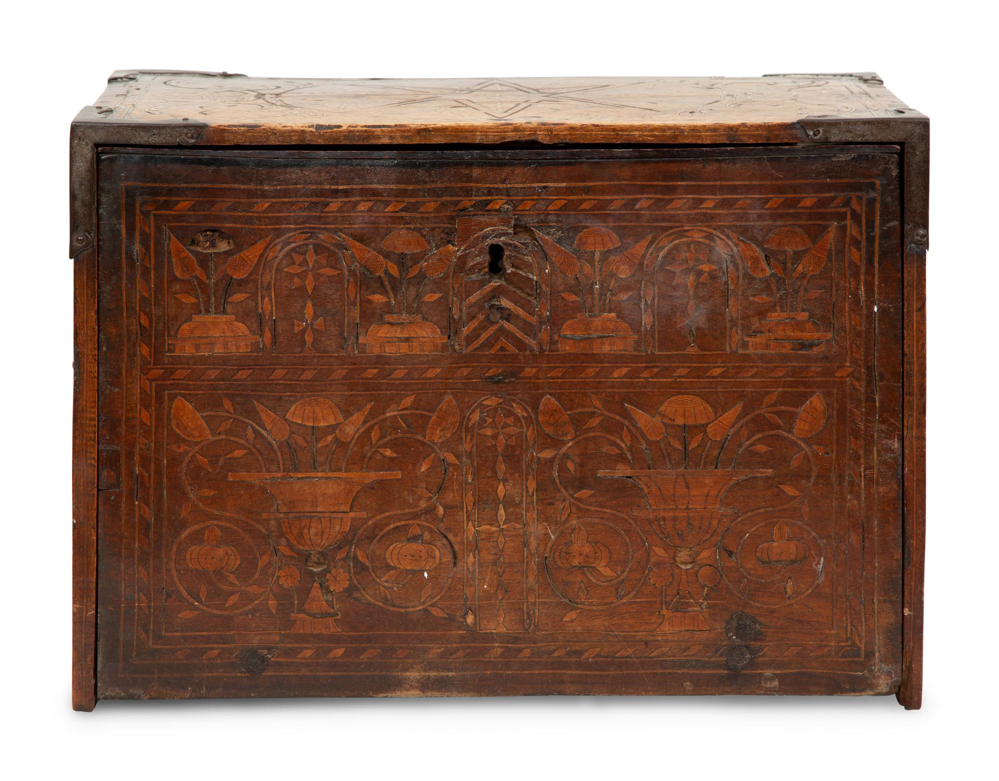A Spanish Iron Mounted Walnut Marquetry Vargueno/Traveling Desk