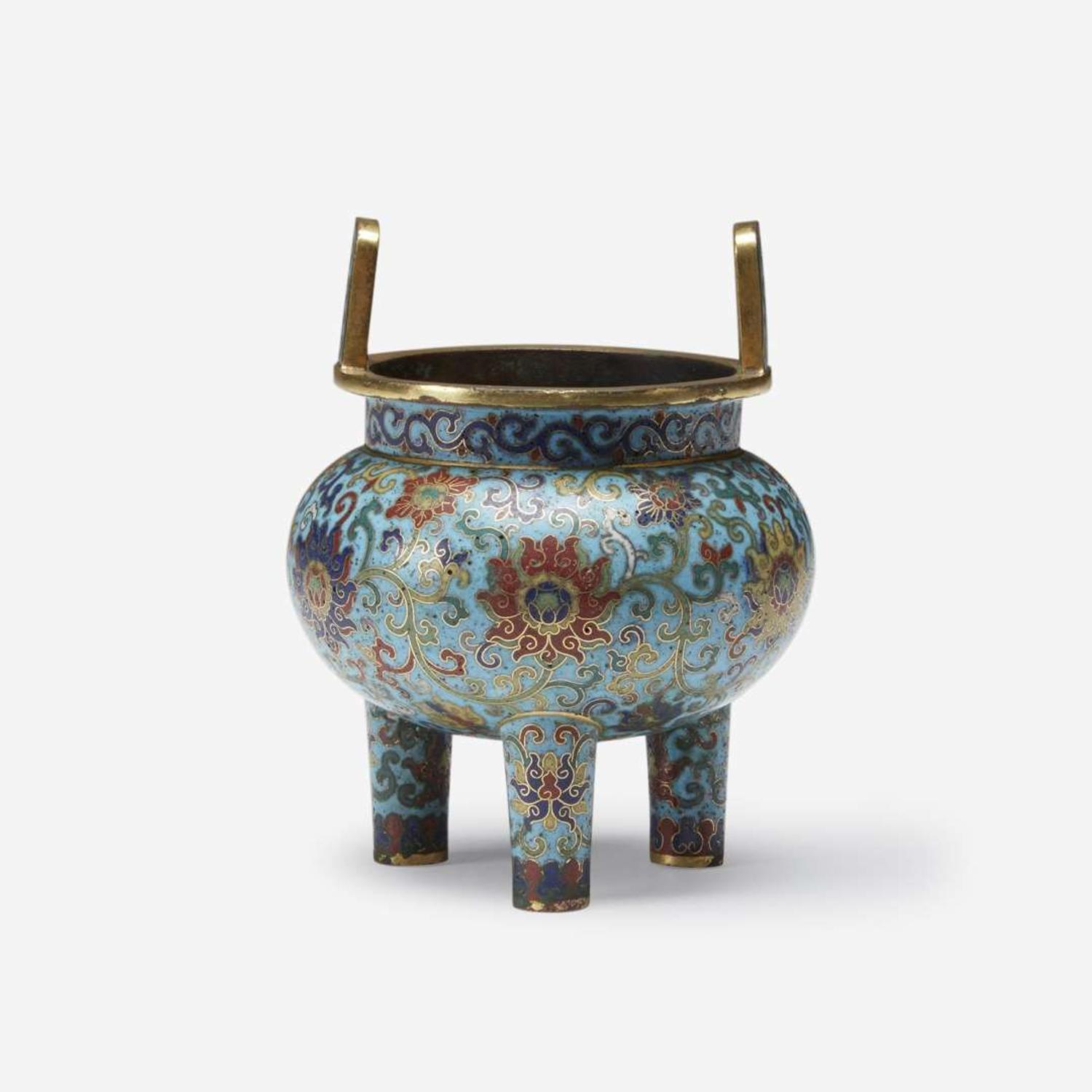 A Chinese cloisonné enamel tripod censer Qianlong mark and possibly of the period