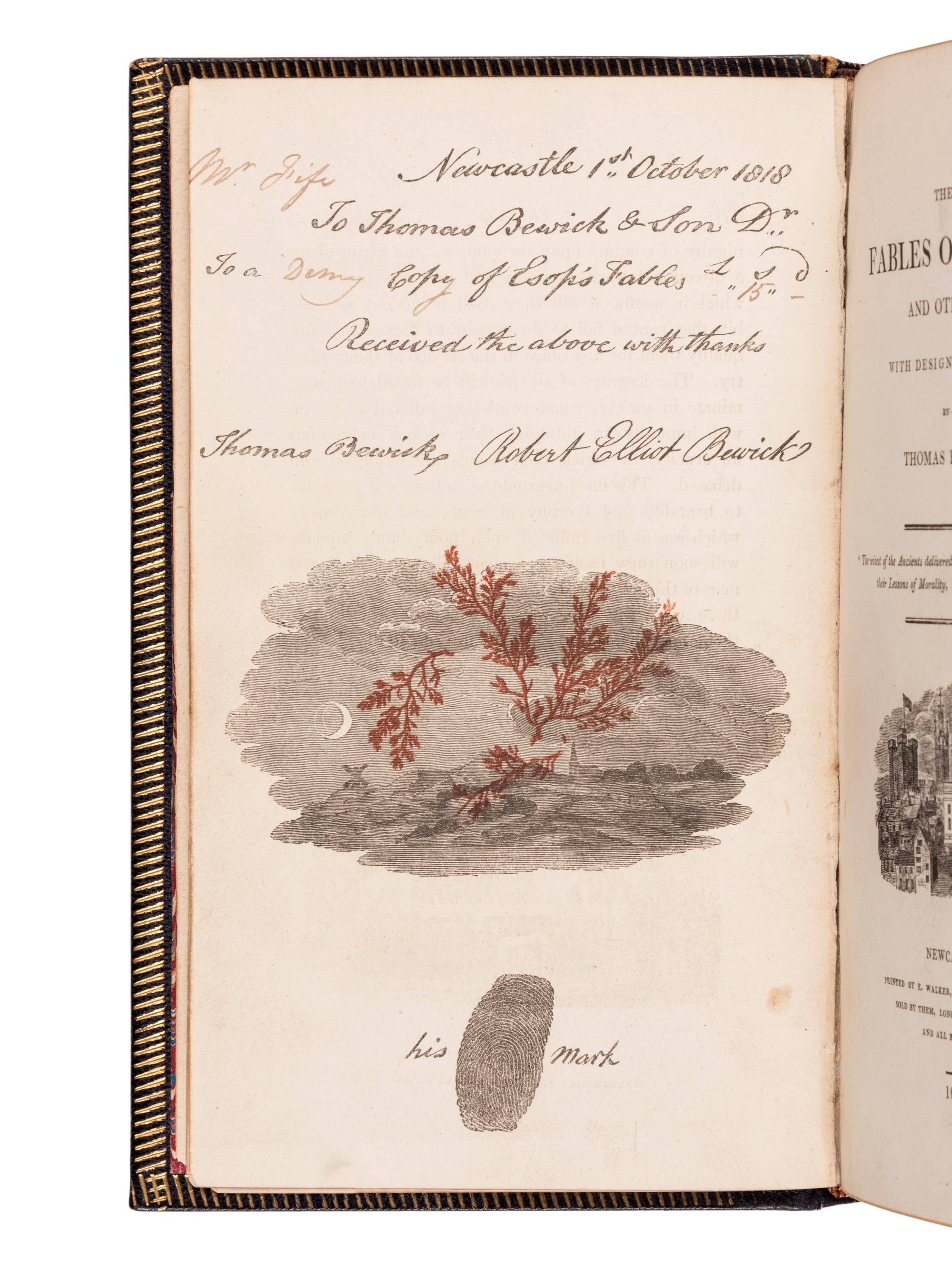 AESOP (ca 620-560 B. C.). -- BEWICK, Thomas (1753-1828). The Fables of Aesop, and Others, with Designs on Wood. Newcastle: E. Walker for T. Bewick and Son, 1818.