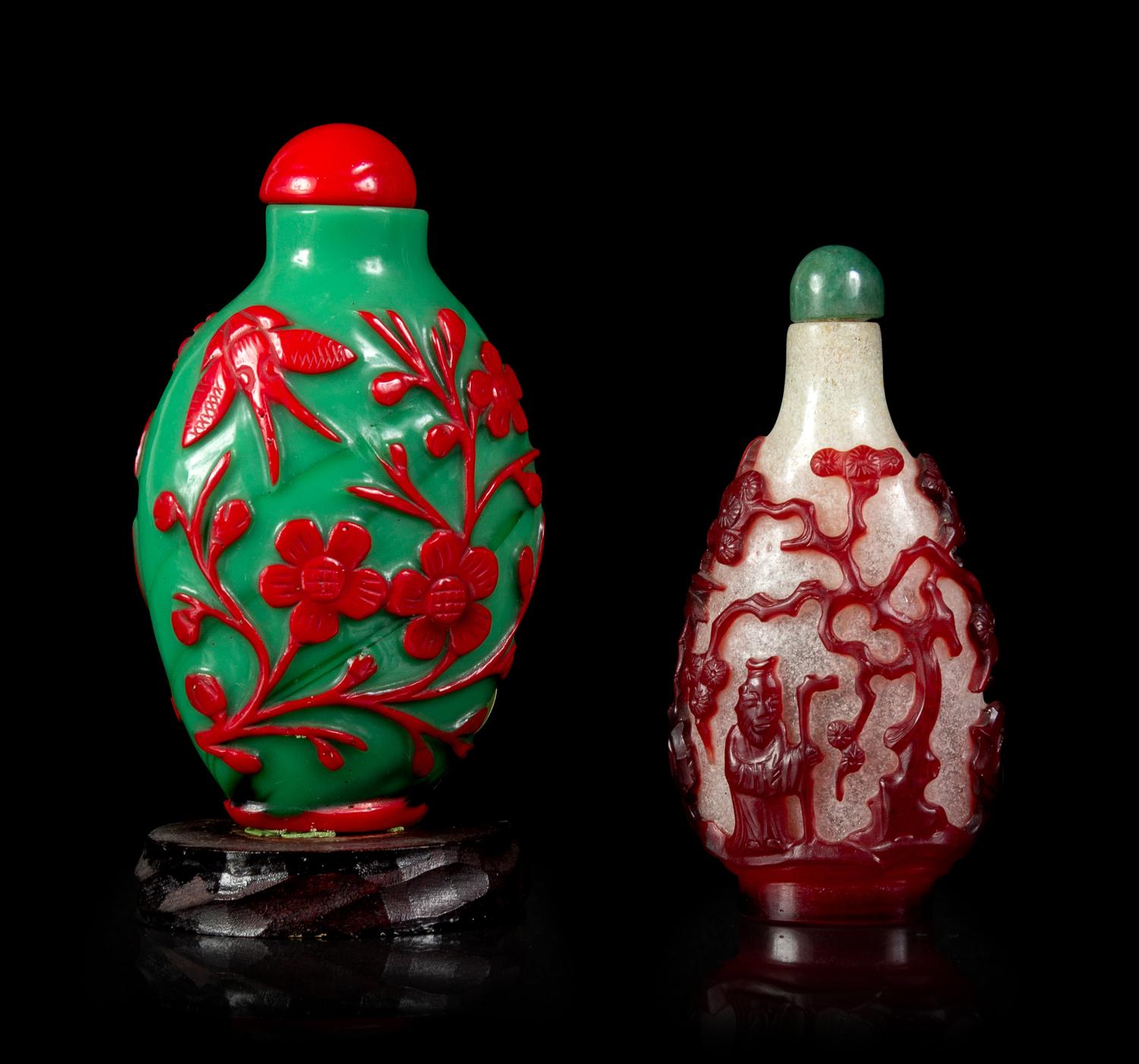 Two Chinese Red Overlay Glass Snuff Bottles