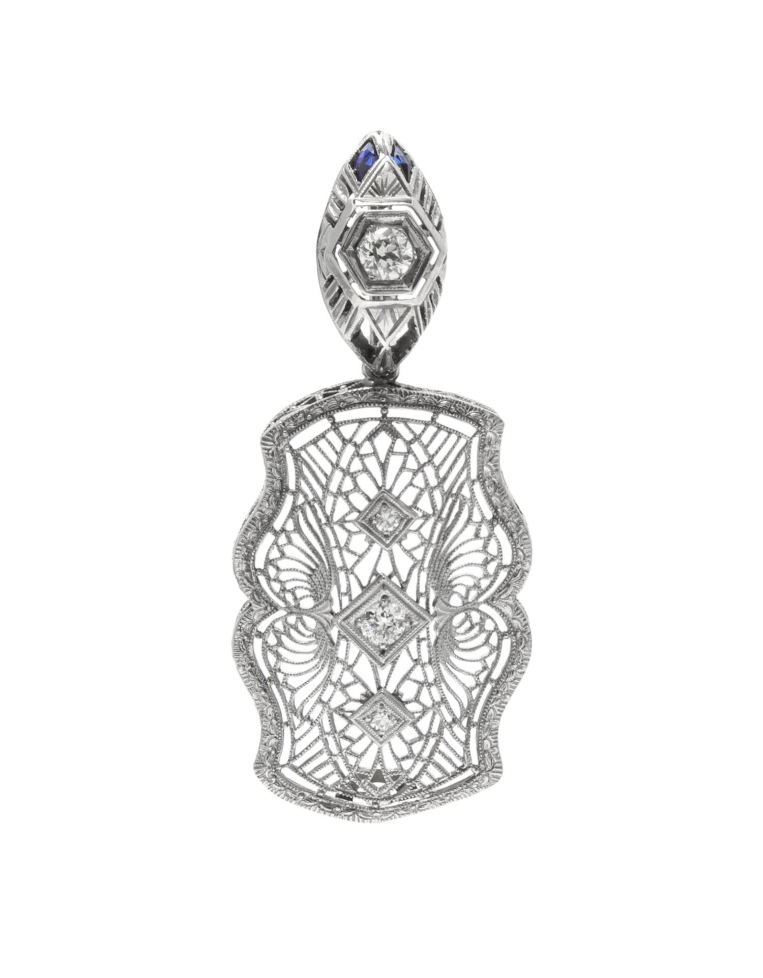 A White Gold, Diamond and Synthetic Sapphire Pendant, 3.10 dwts.