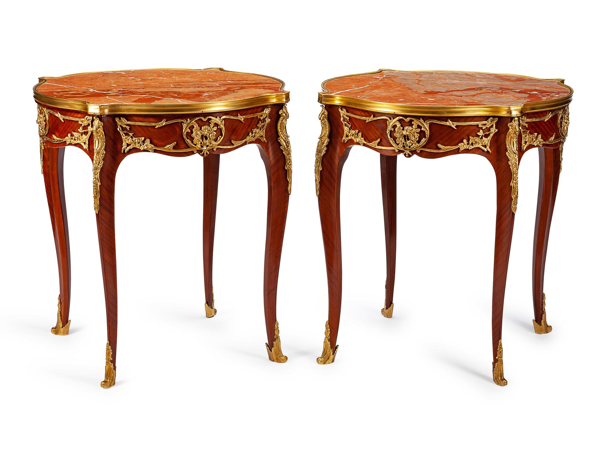 A Pair of Louis XV Style Gilt-Bronze and Marble Gueridons