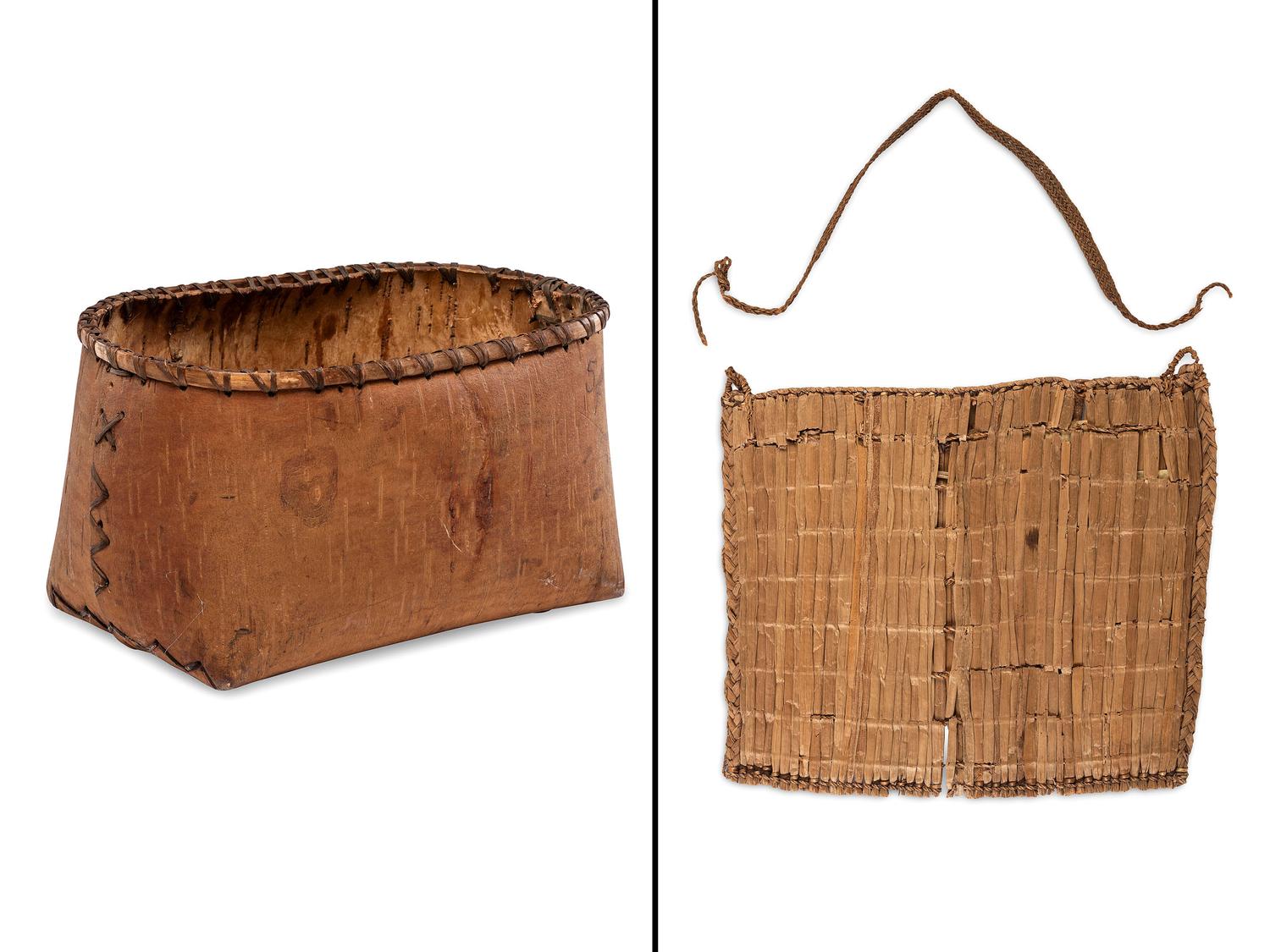 Northwest Coast Cedar Bark Clam Bag and Nuu-chah-nulth Birchbark Container
