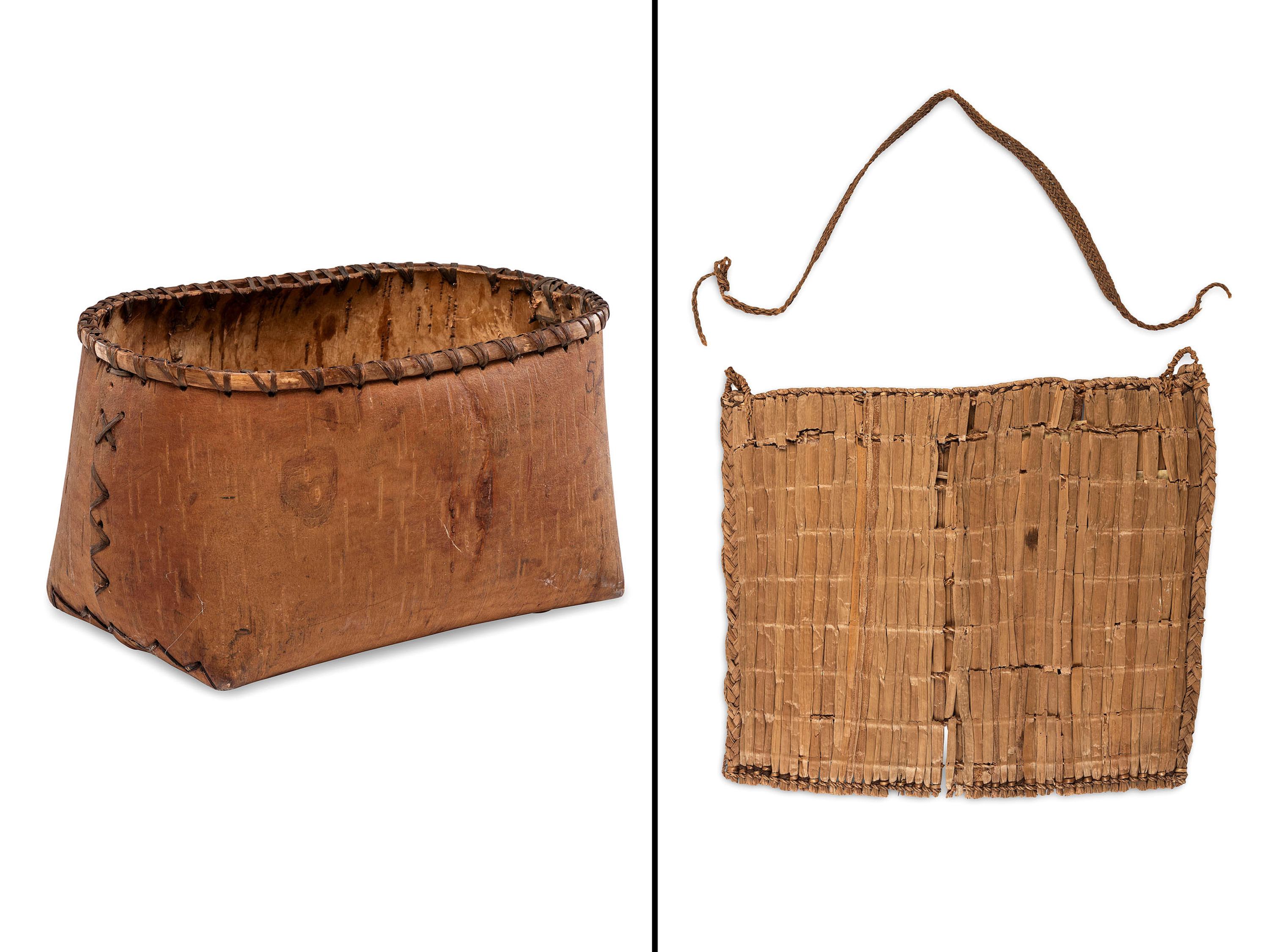 Northwest Coast Cedar Bark Clam Bag and Nuu-chah-nulth Birchbark Container