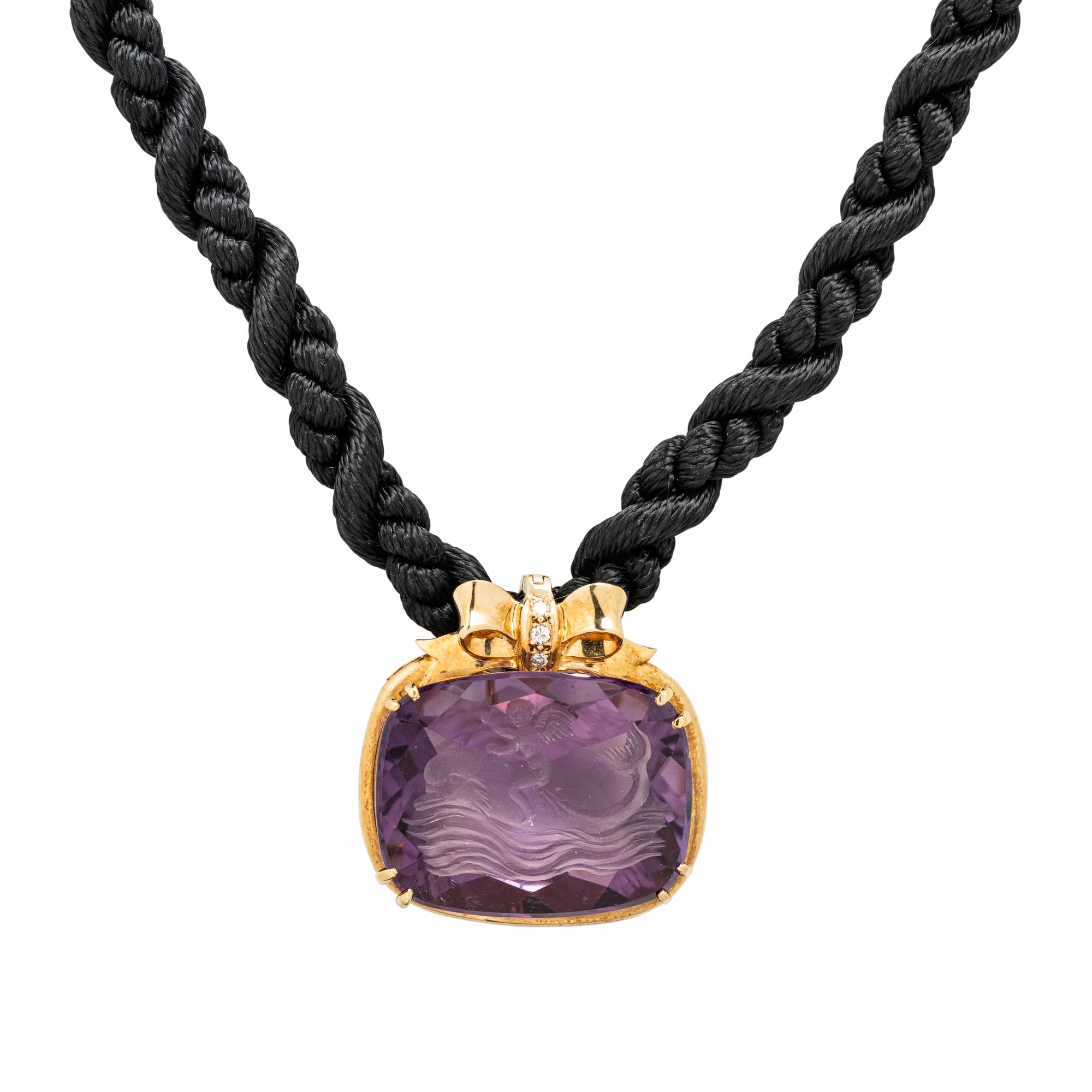 YELLOW GOLD, INTAGLIO AMETHYST, AND DIAMOND NECKLACE AND RING