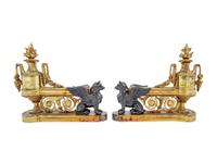 A Pair of Empire Style Gilt and Patinated Bronze Chenets