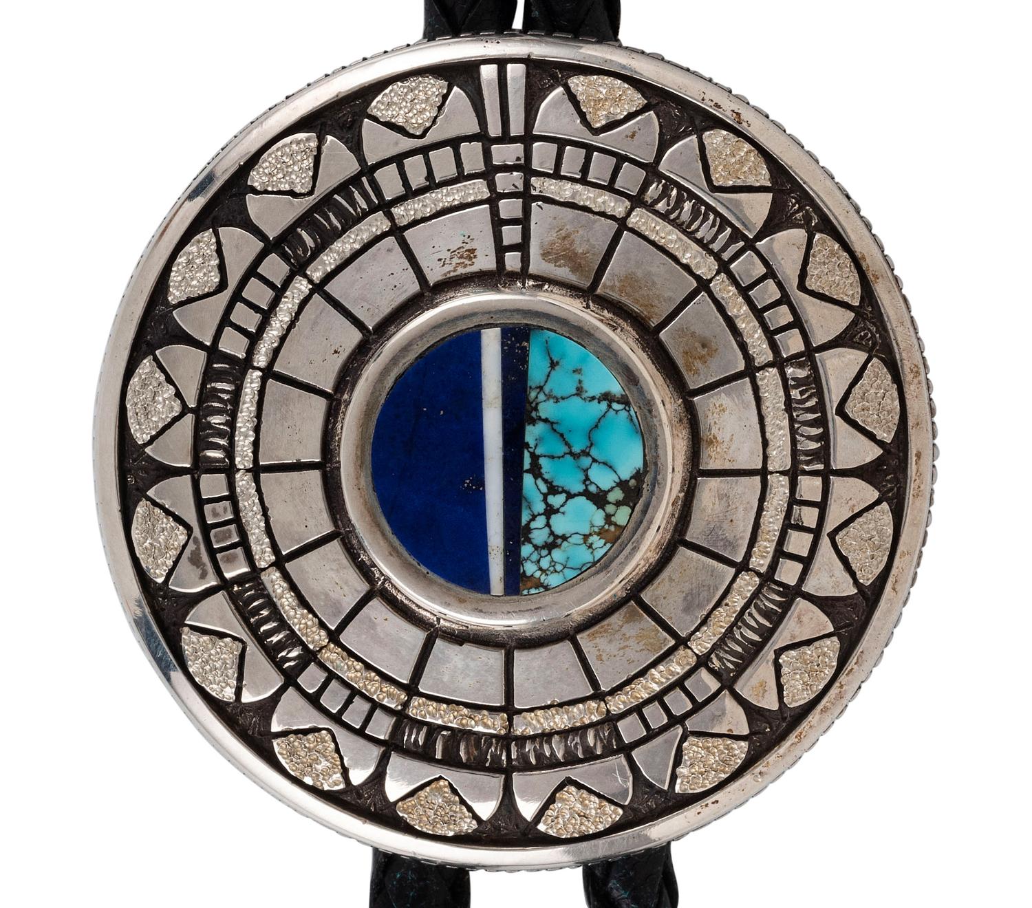 Sterling Silver Bolo Tie, with Turquoise and Lapis Inlay