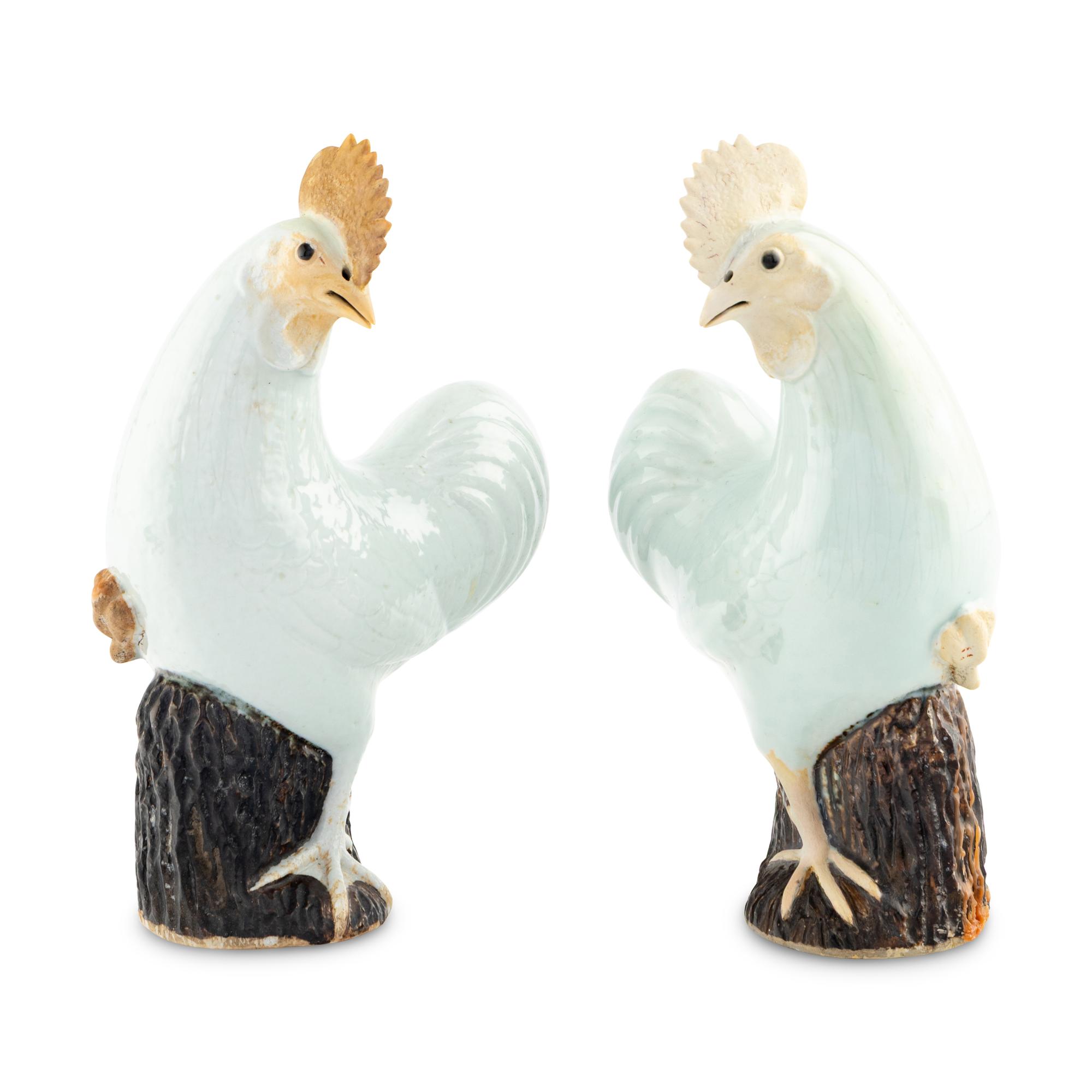 A Pair of Chinese Export Porcelain Models of Roosters