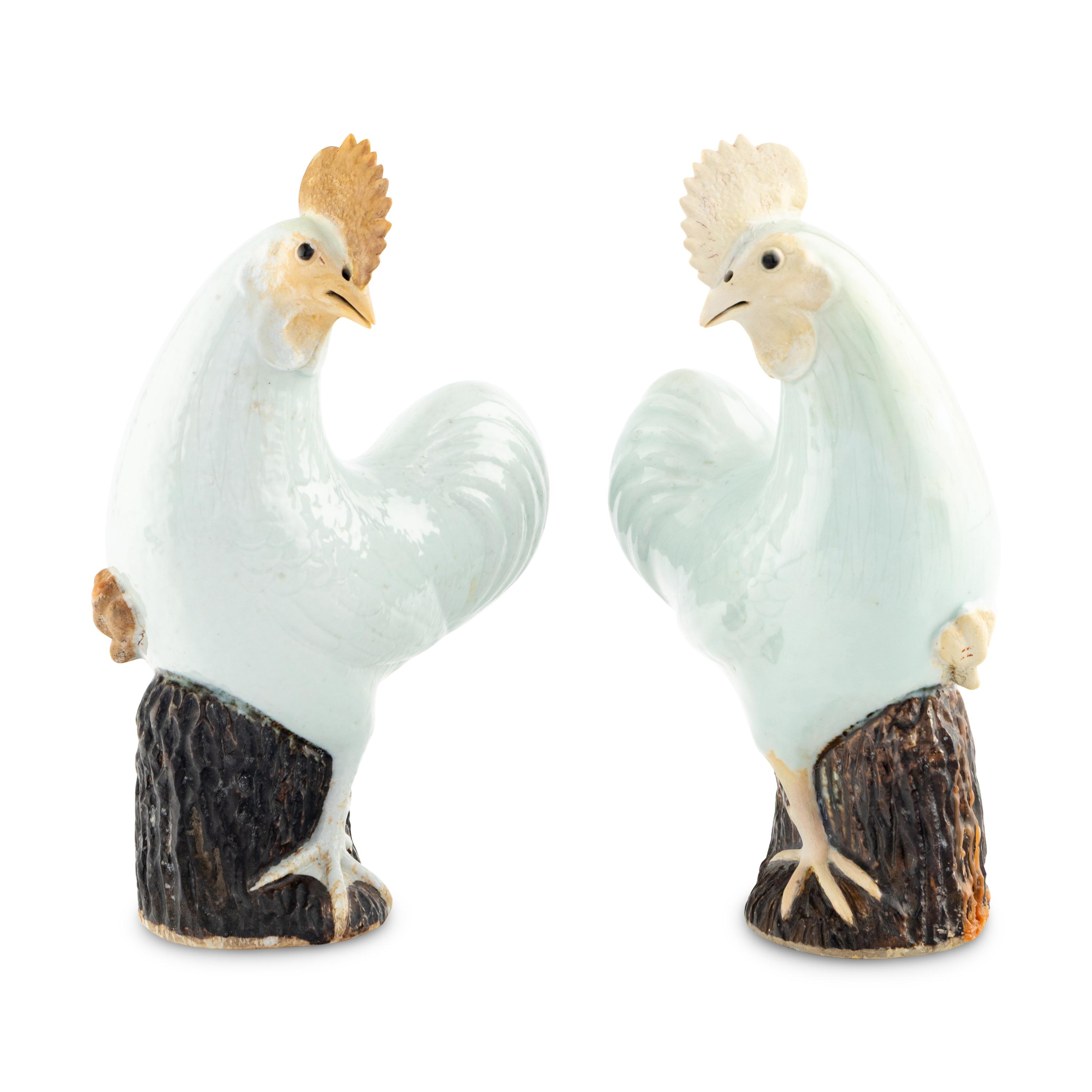 A Pair of Chinese Export Porcelain Models of Roosters