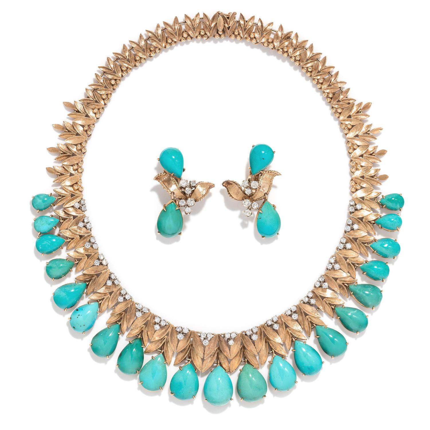 YELLOW GOLD, TURQUOISE AND DIAMOND SET