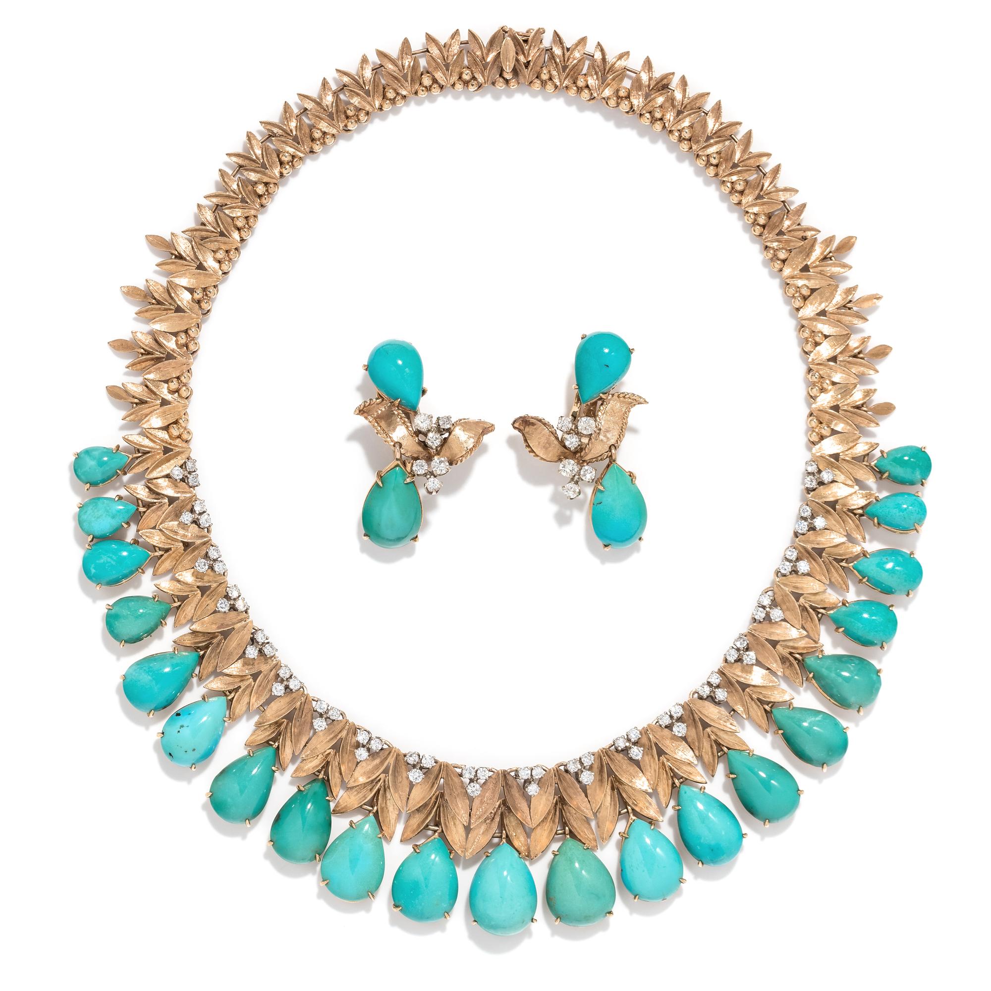 YELLOW GOLD, TURQUOISE AND DIAMOND SET