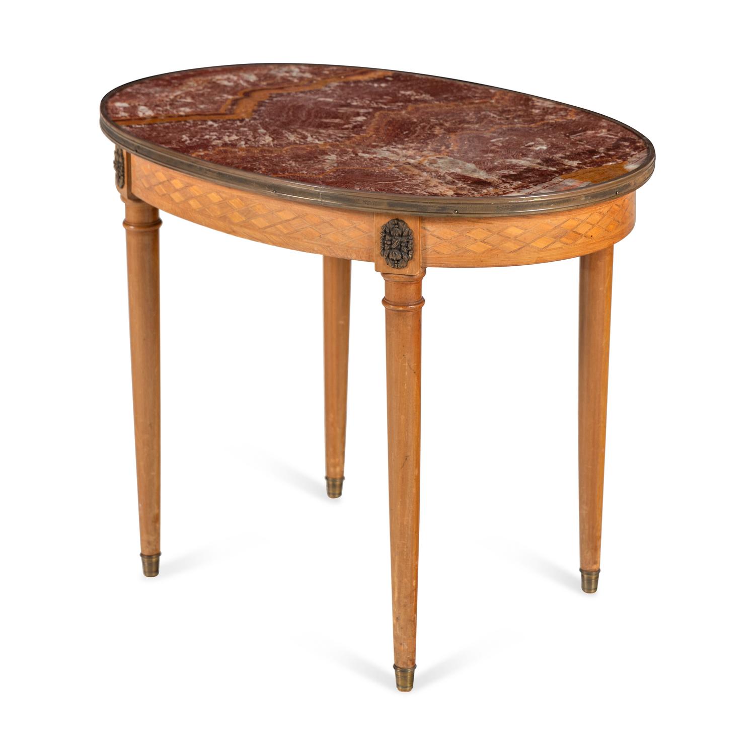 A Louis XVI Style Parquetry and Marble-Top Side Table