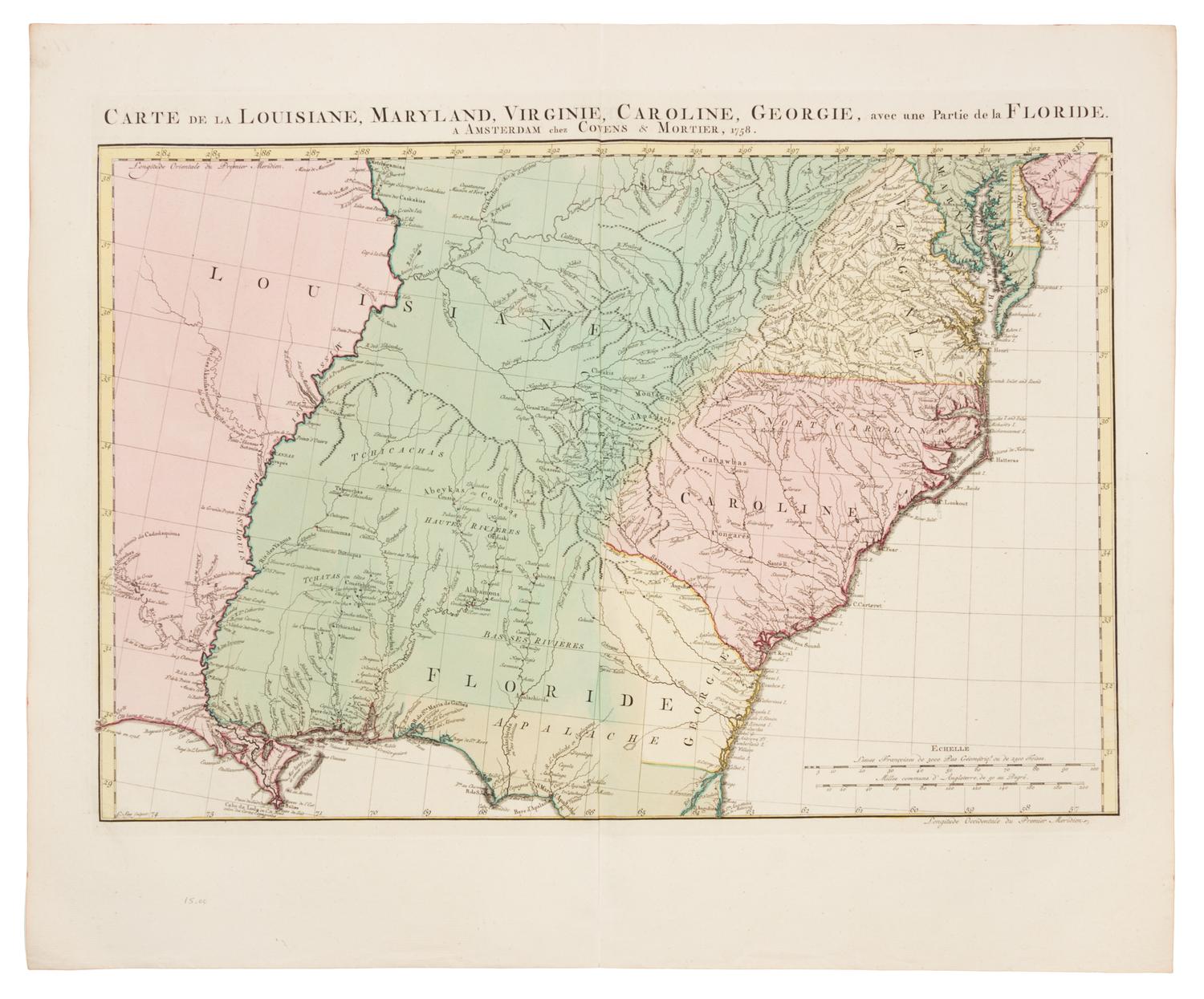 COVENS & MORTIER. Carte de la Louisiane, Maryland, Virginie, Caroline, Georgie, avec une Partie de la Floride. Amsterdam, 1758.