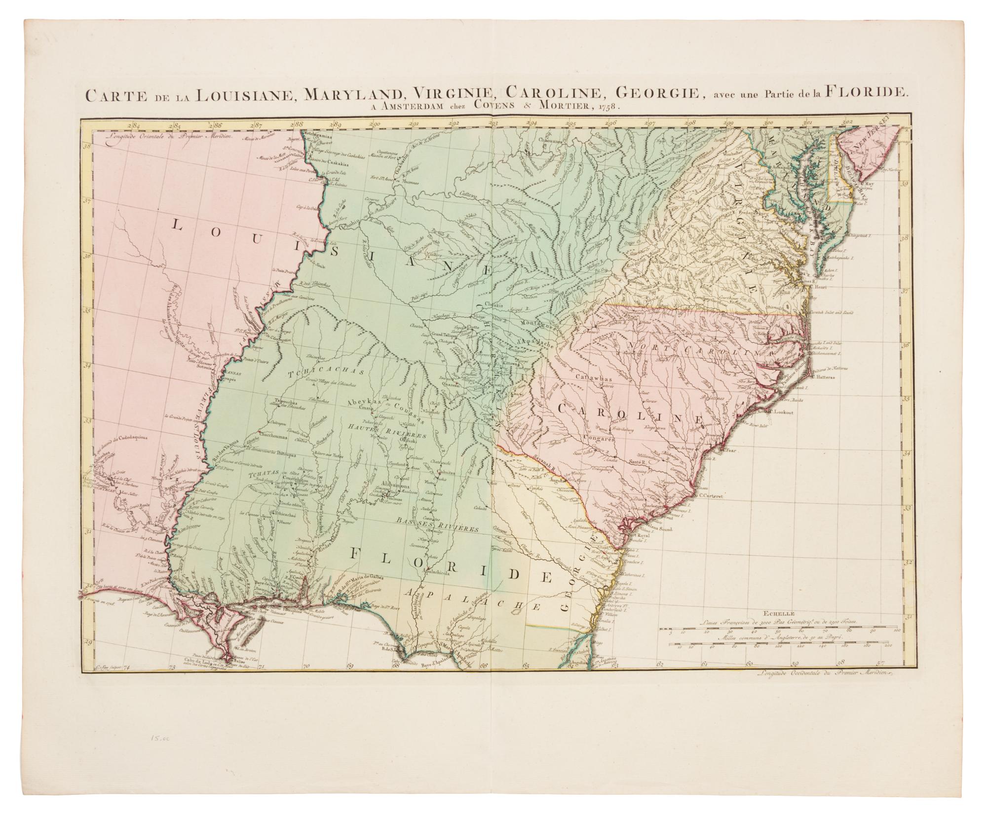 COVENS & MORTIER. Carte de la Louisiane, Maryland, Virginie, Caroline, Georgie, avec une Partie de la Floride. Amsterdam, 1758.