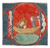 RHENISH ILLUMINATOR(?) Cutting with historiated initial ‘D’ of the Martyrdom of Saint Ursula from an Antiphonal, in Latin, illuminated manuscript on parchment [Germany, The Rhineland? c. 1400]