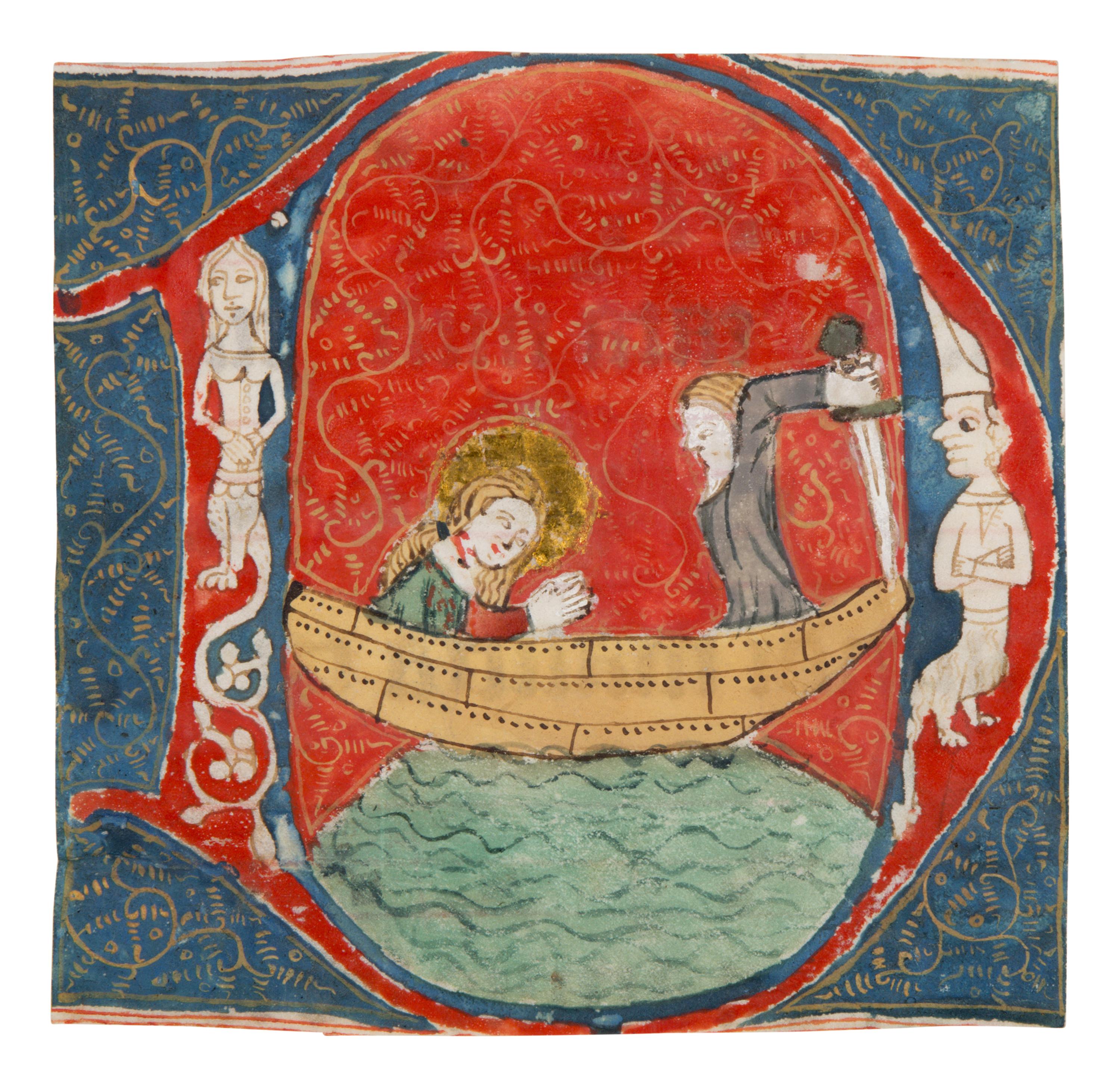RHENISH ILLUMINATOR(?) Cutting with historiated initial ‘D’ of the Martyrdom of Saint Ursula from an Antiphonal, in Latin, illuminated manuscript on parchment [Germany, The Rhineland? c. 1400]