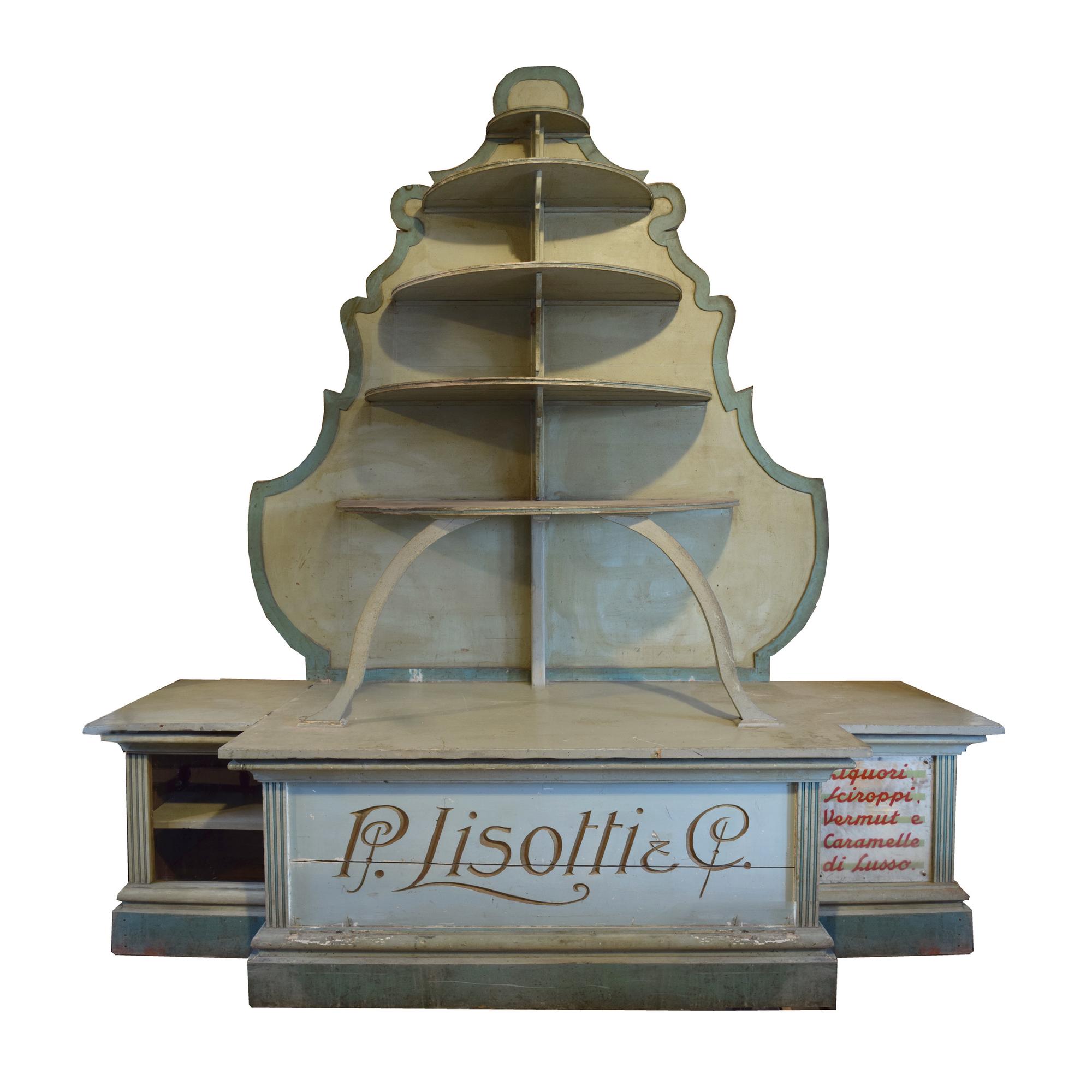 A Painted Six Tier Display Shelf for Lisotti Distilling 115" W x 36" D x 129.5" — Italy, Circa 1920