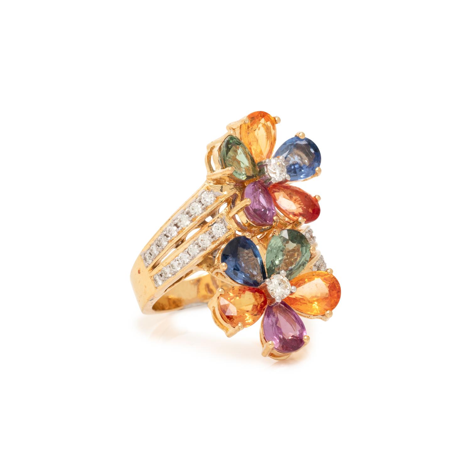 MULTICOLOR SAPPHIRE AND DIAMOND FLOWER RING