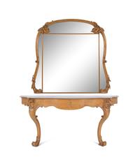 A Continental Carved Fruitwood Marble-Top Console Table and Mirror
