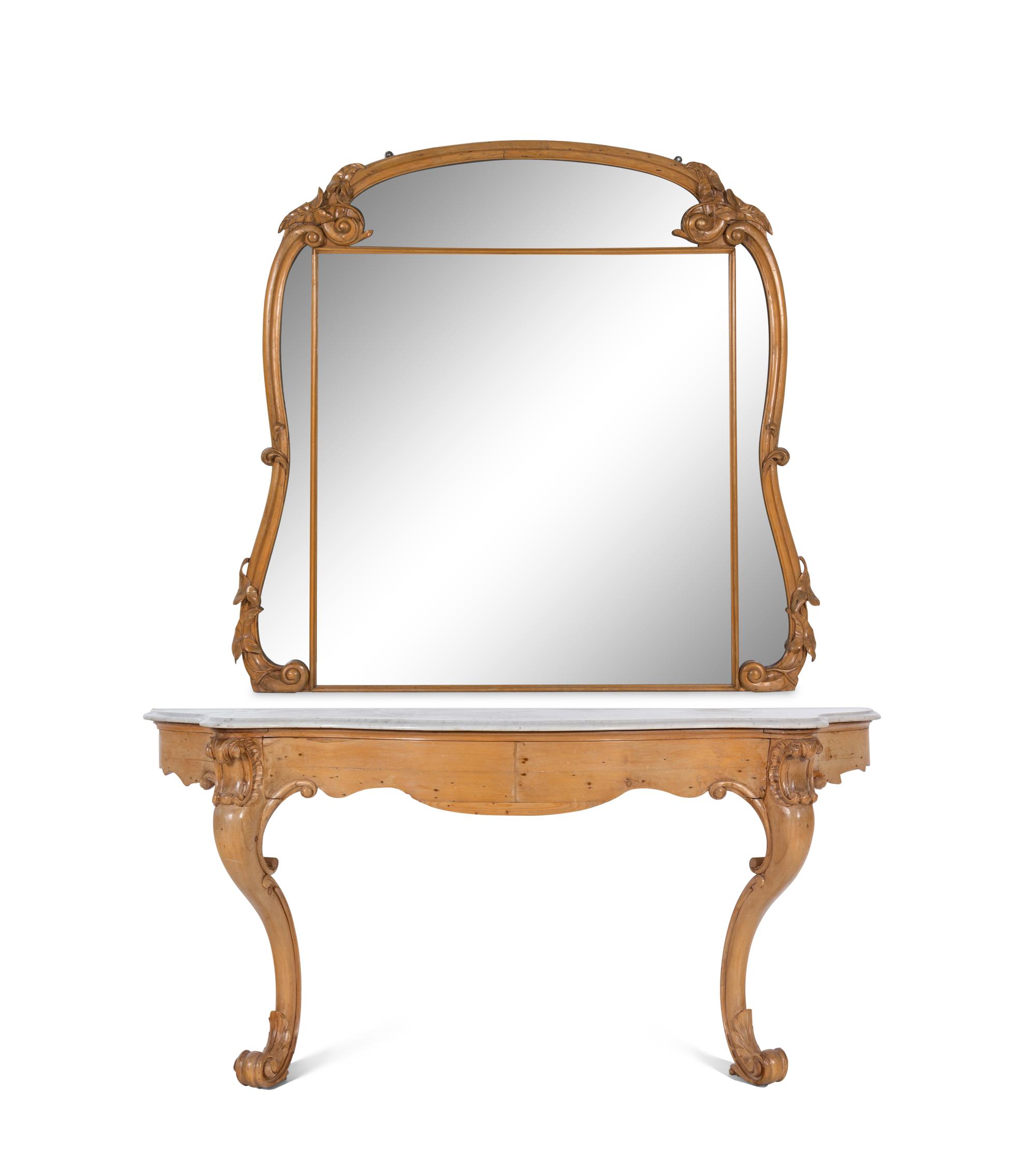A Continental Carved Fruitwood Marble-Top Console Table and Mirror