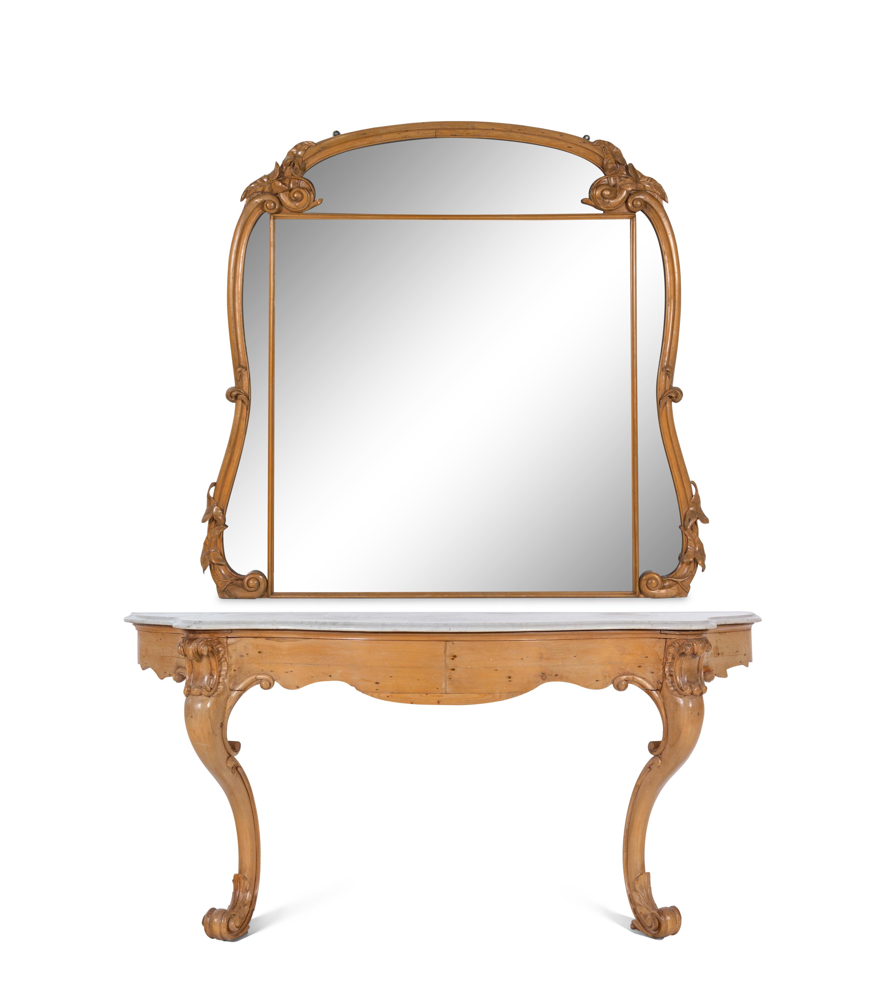 A Continental Carved Fruitwood Marble-Top Console Table and Mirror