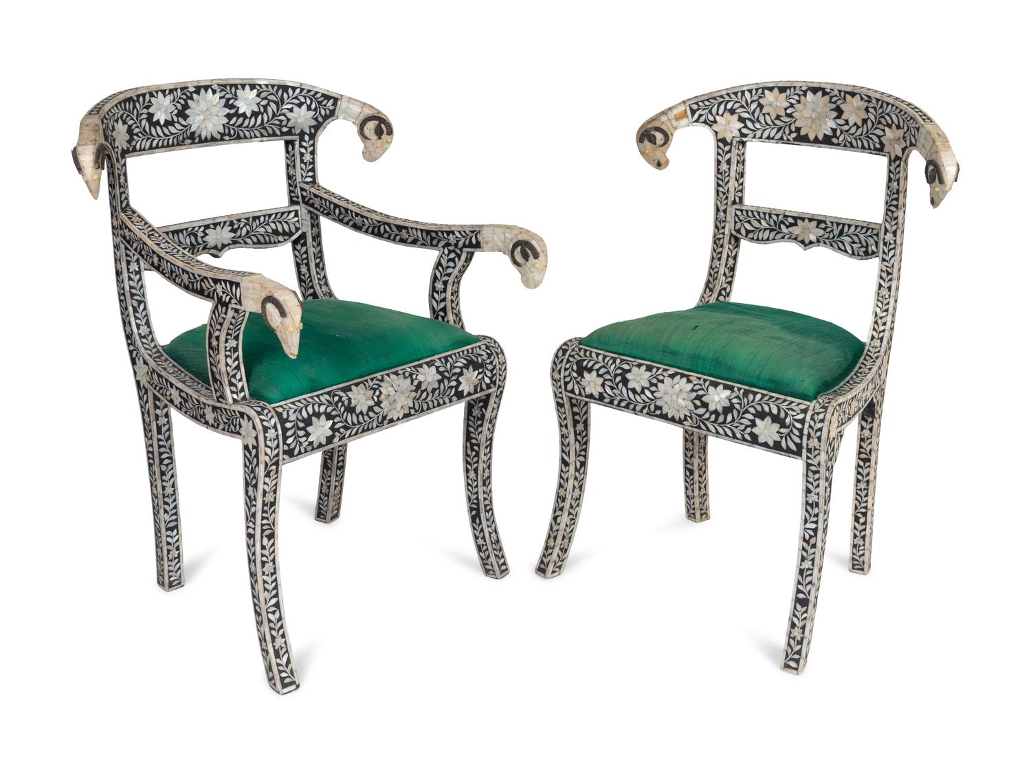 A Set of Eight Indian Mother-of-Pearl-Inlaid Dining Chairs