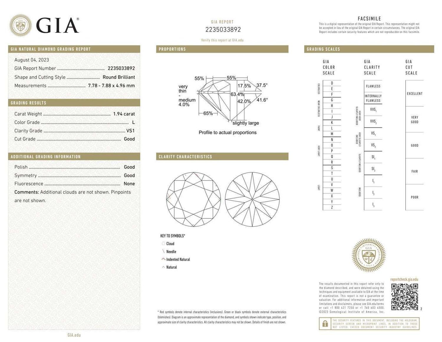 A Platinum and Diamond Ring, 1.94 Carat Round Brilliant-Cut Diamond, GIA Certified