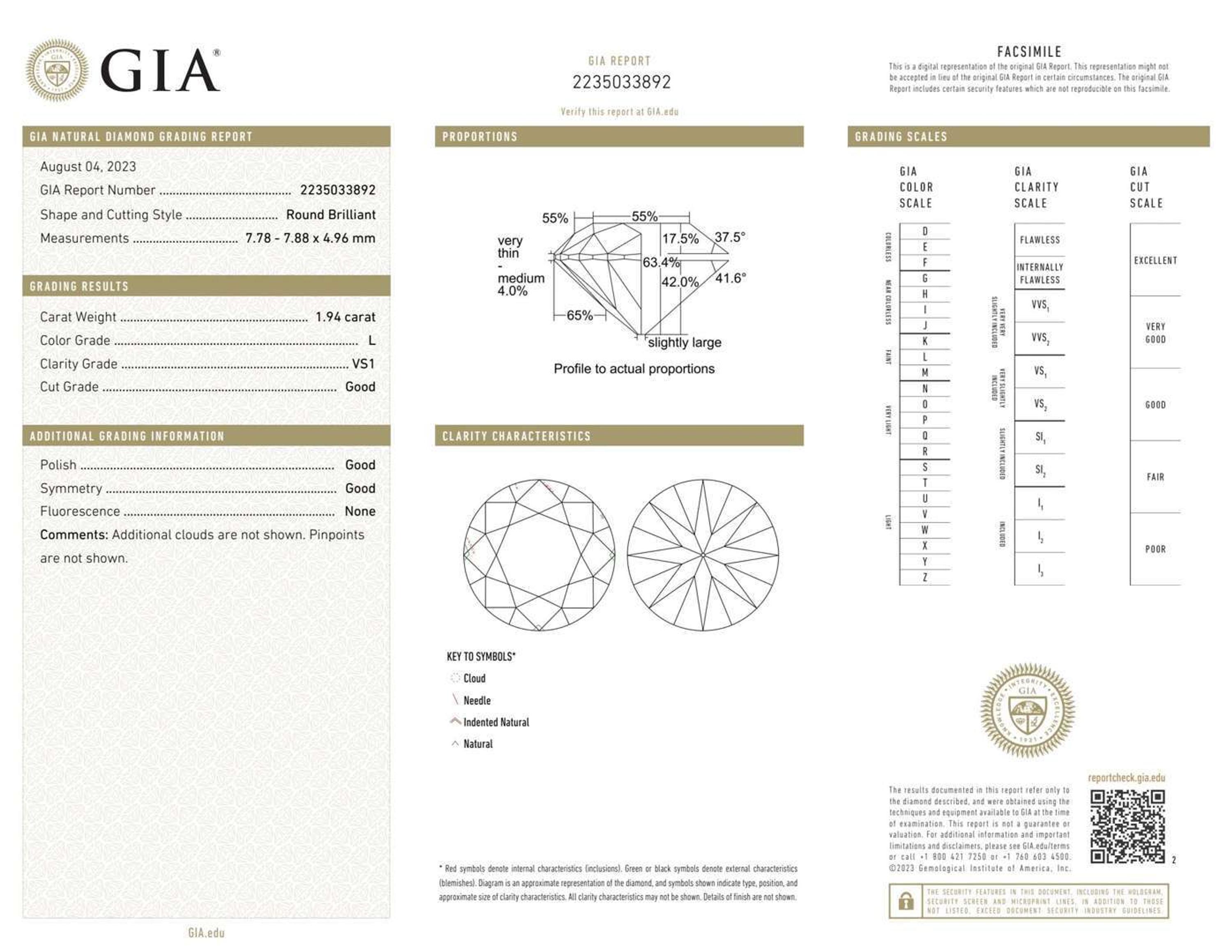 A Platinum and Diamond Ring, 1.94 Carat Round Brilliant-Cut Diamond, GIA Certified
