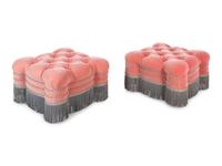 A Pair of Button Tufted Velvet Upholstered Ottomans with Bullion Fringe
