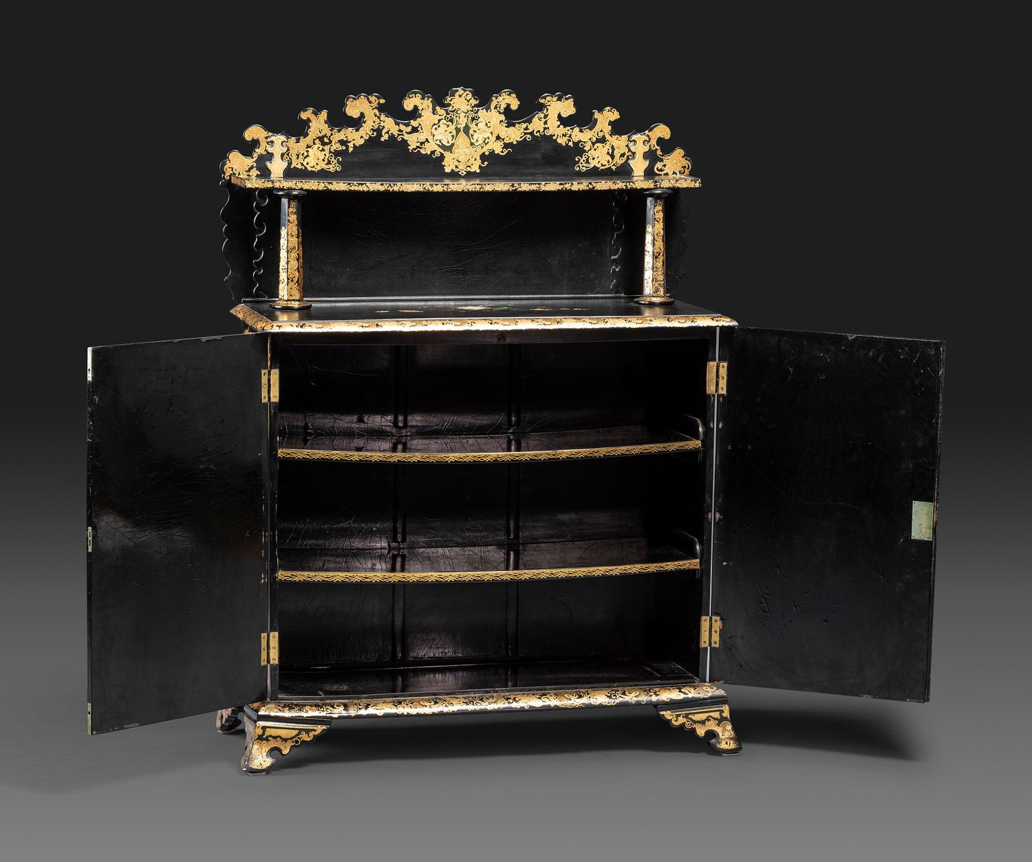 A Victorian Black Lacquered, Parcel Gilt and Mother-of-Pearl Inlaid Sideboard