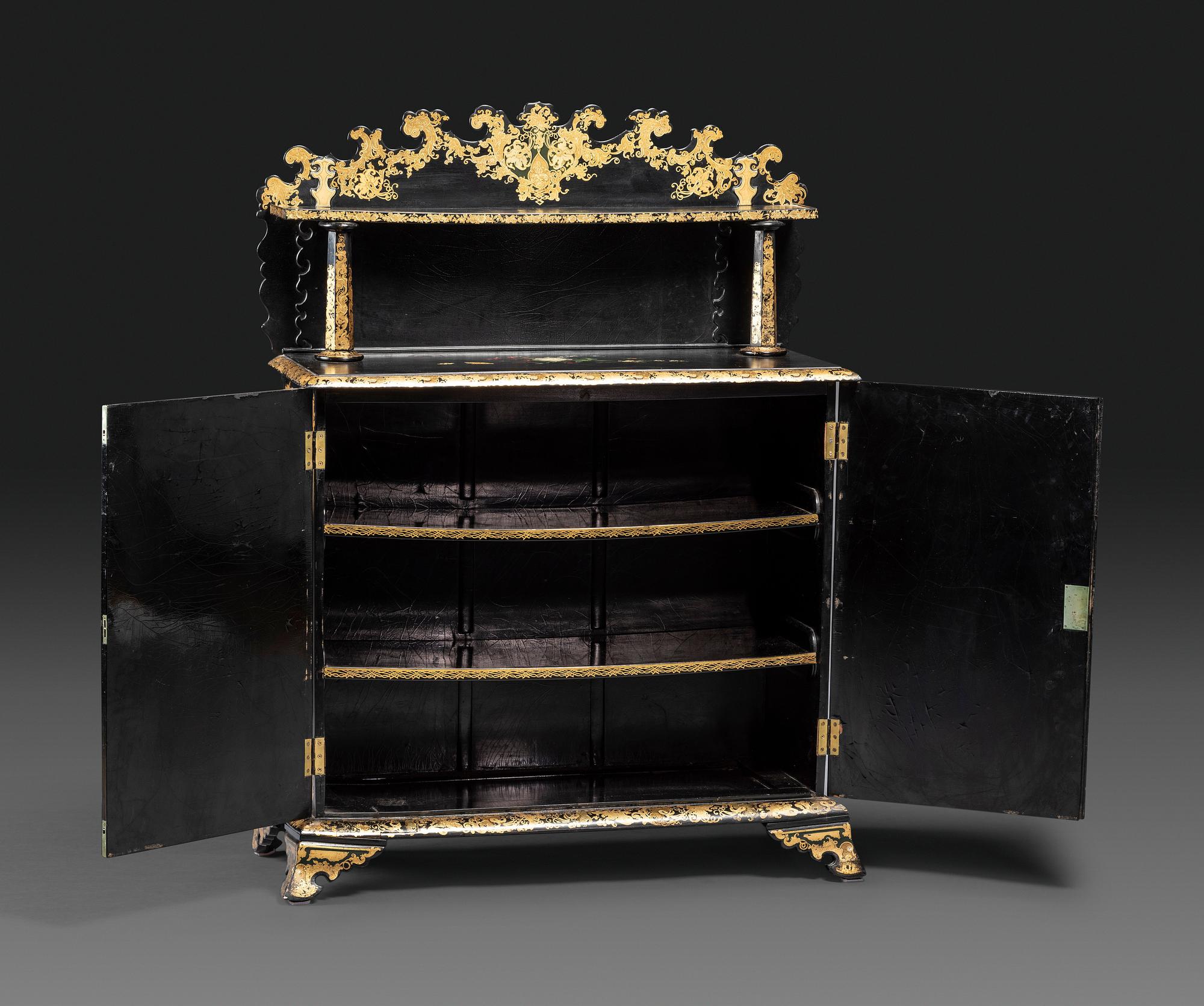 A Victorian Black Lacquered, Parcel Gilt and Mother-of-Pearl Inlaid Sideboard