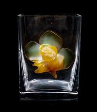 A Lalique Colored Glass Vase Height 8 1/2 x width 6 1/4 inches.