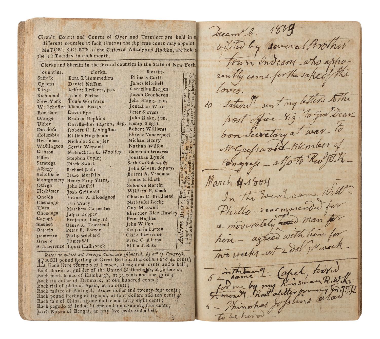 [KIRKLAND, Samuel (1741-1808)] -- [NATIVE AMERICANS]. Webster's Calendar: Or, the Albany Almanack , with journal entries by the Rev. Samuel Kirkland, 1803-1804.