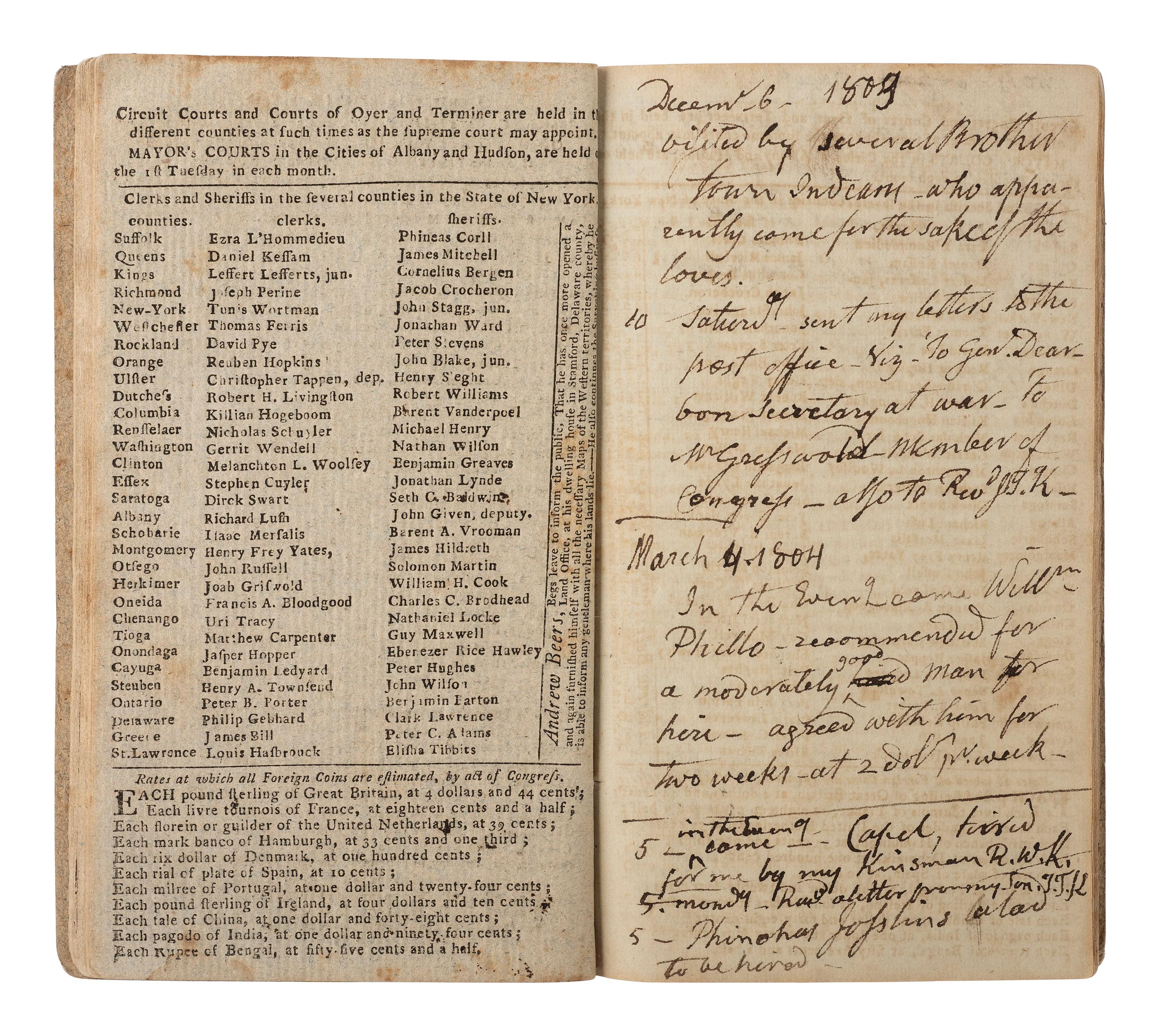 [KIRKLAND, Samuel (1741-1808)] -- [NATIVE AMERICANS]. Webster's Calendar: Or, the Albany Almanack , with journal entries by the Rev. Samuel Kirkland, 1803-1804.