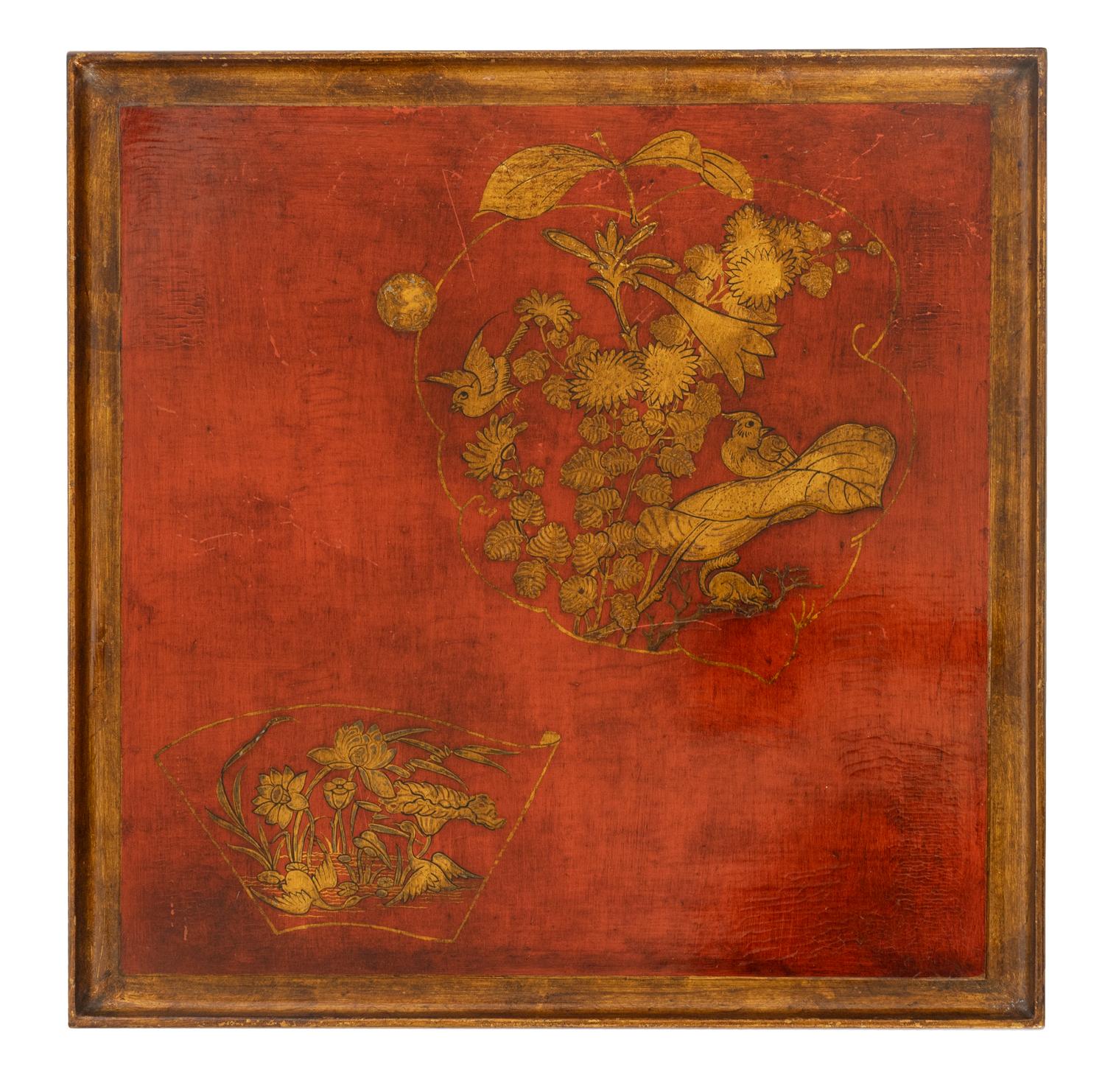 A Pair of Chinese Gilt Decorated Red Lacquer Low Tables