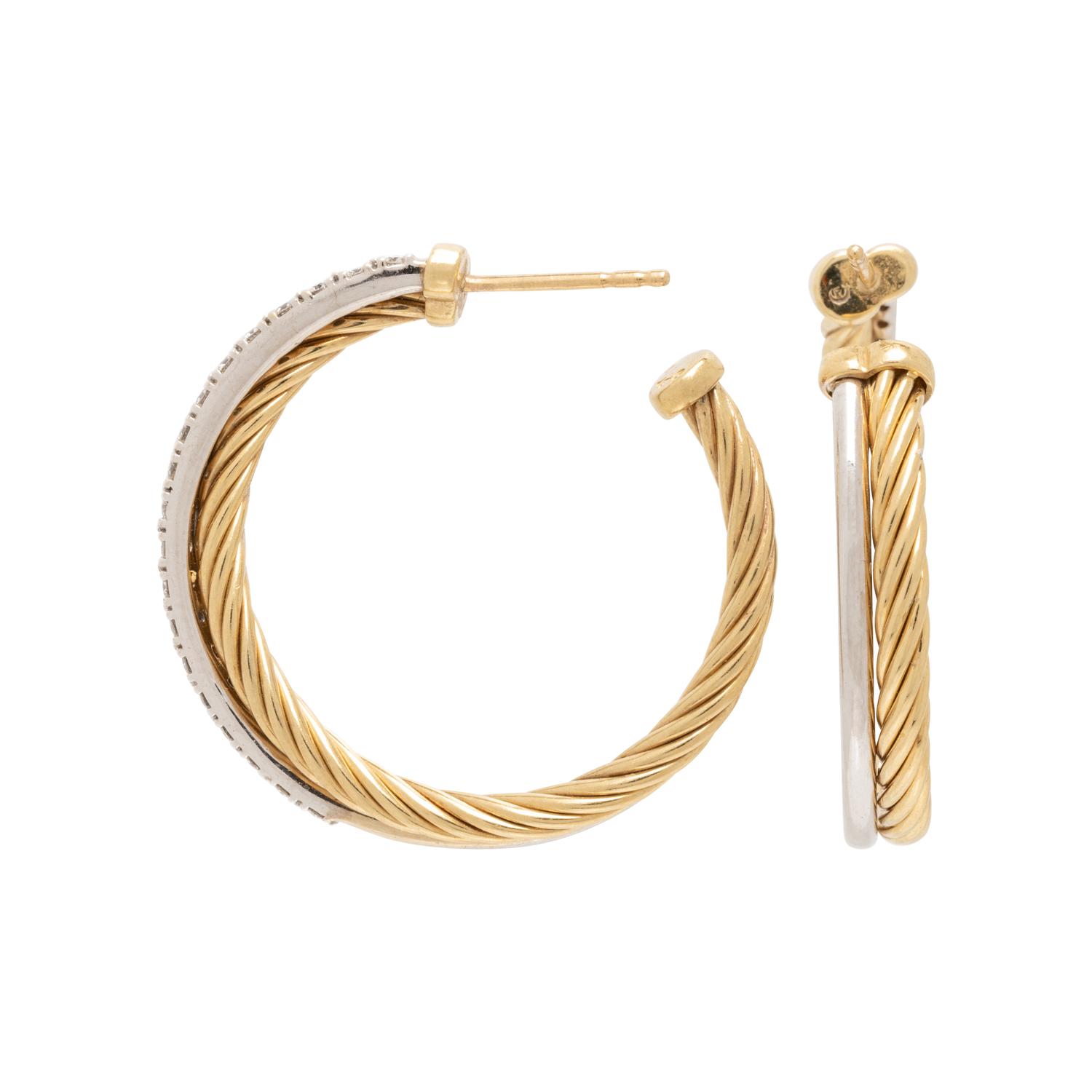 DAVID YURMAN, BICOLOR GOLD AND DIAMOND HOOP EARRINGS