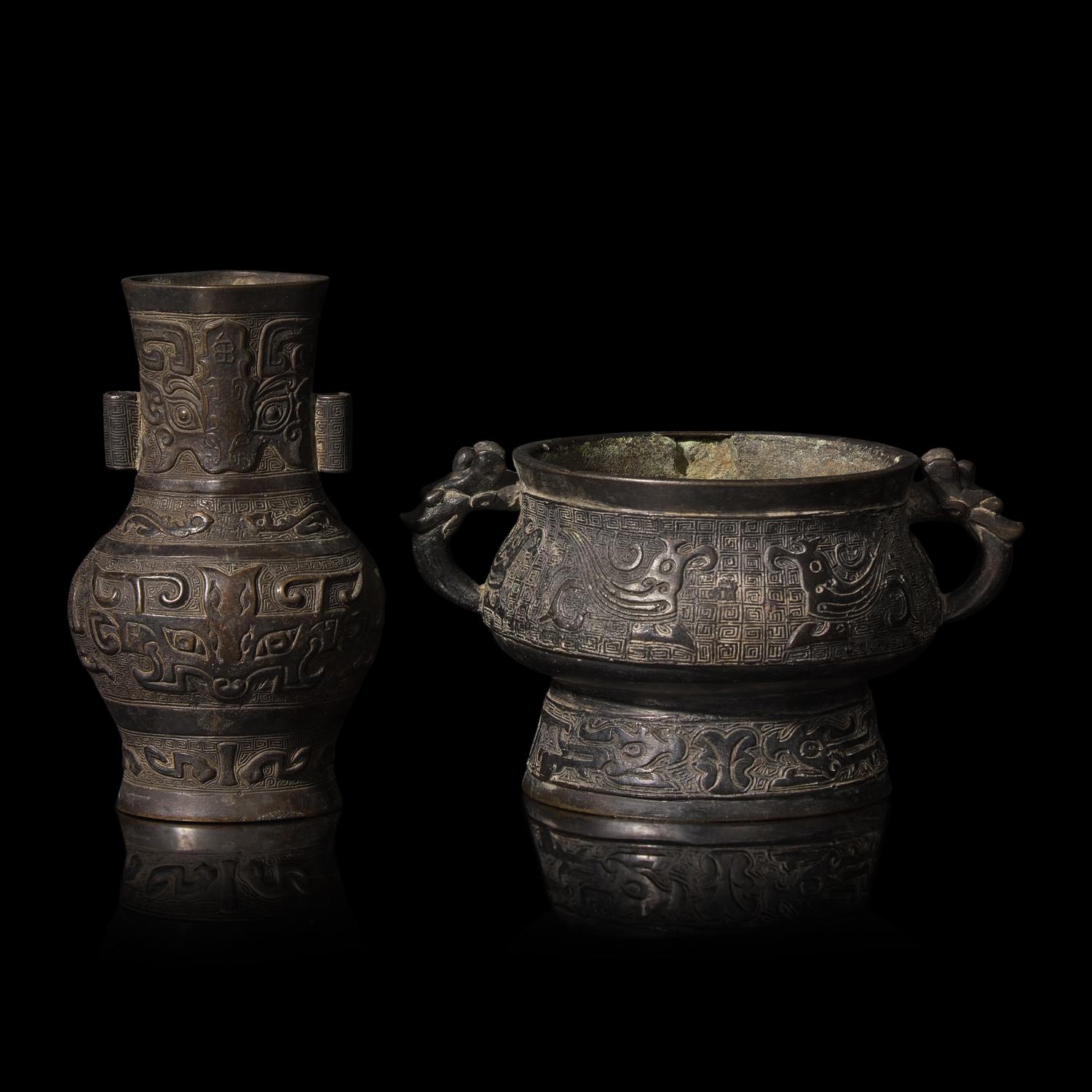 Two Chinese Archaistic Bronze Vessels, Yuan to Early Qing Dynasties 元至清初 仿古銅器兩種