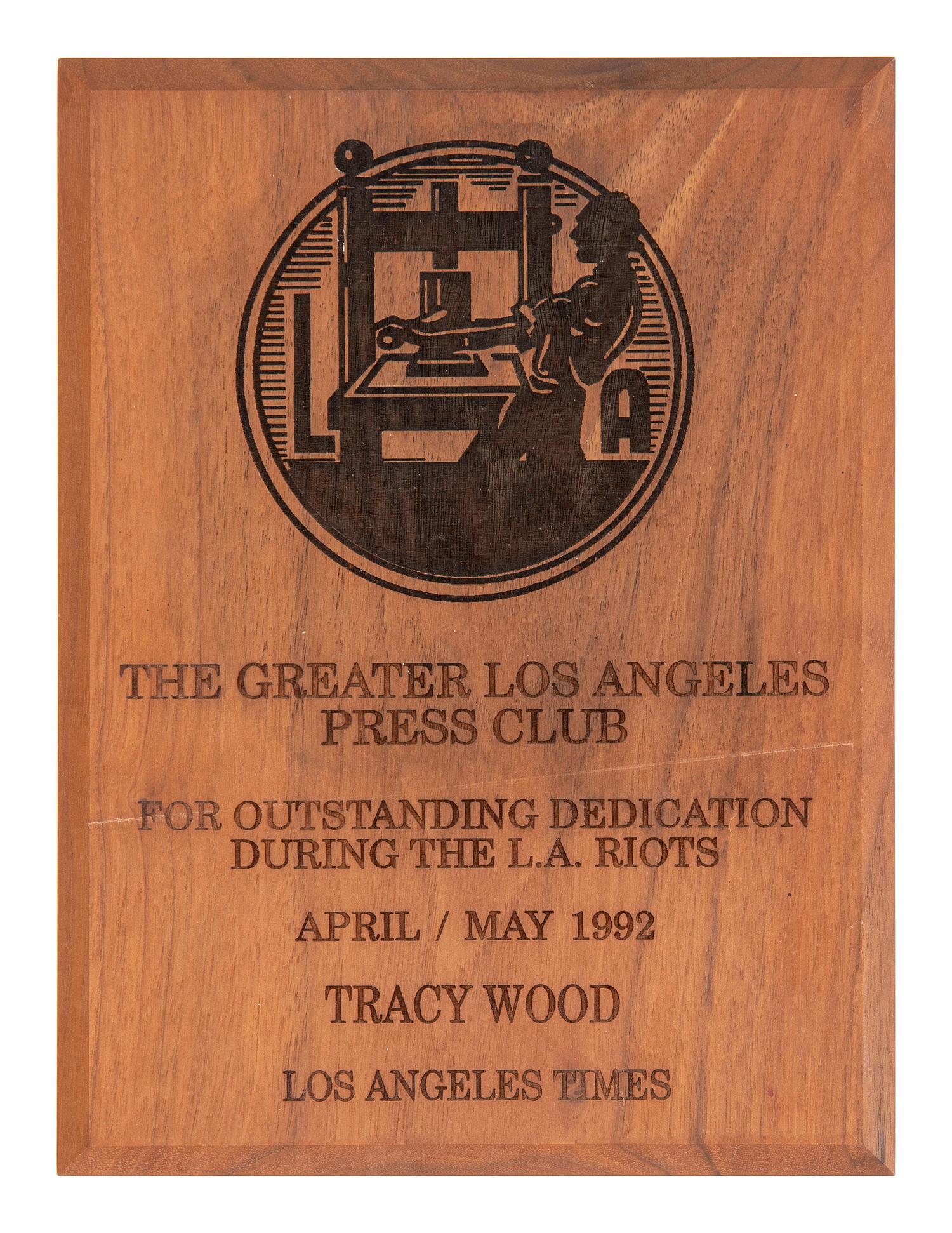 [LA RIOTS]. Greater Los Angeles Press Club award presented to journalist Tracy A. Wood (1943-2020).