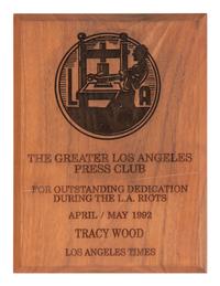 [LA RIOTS]. Greater Los Angeles Press Club award presented to journalist Tracy A. Wood (1943-2020).