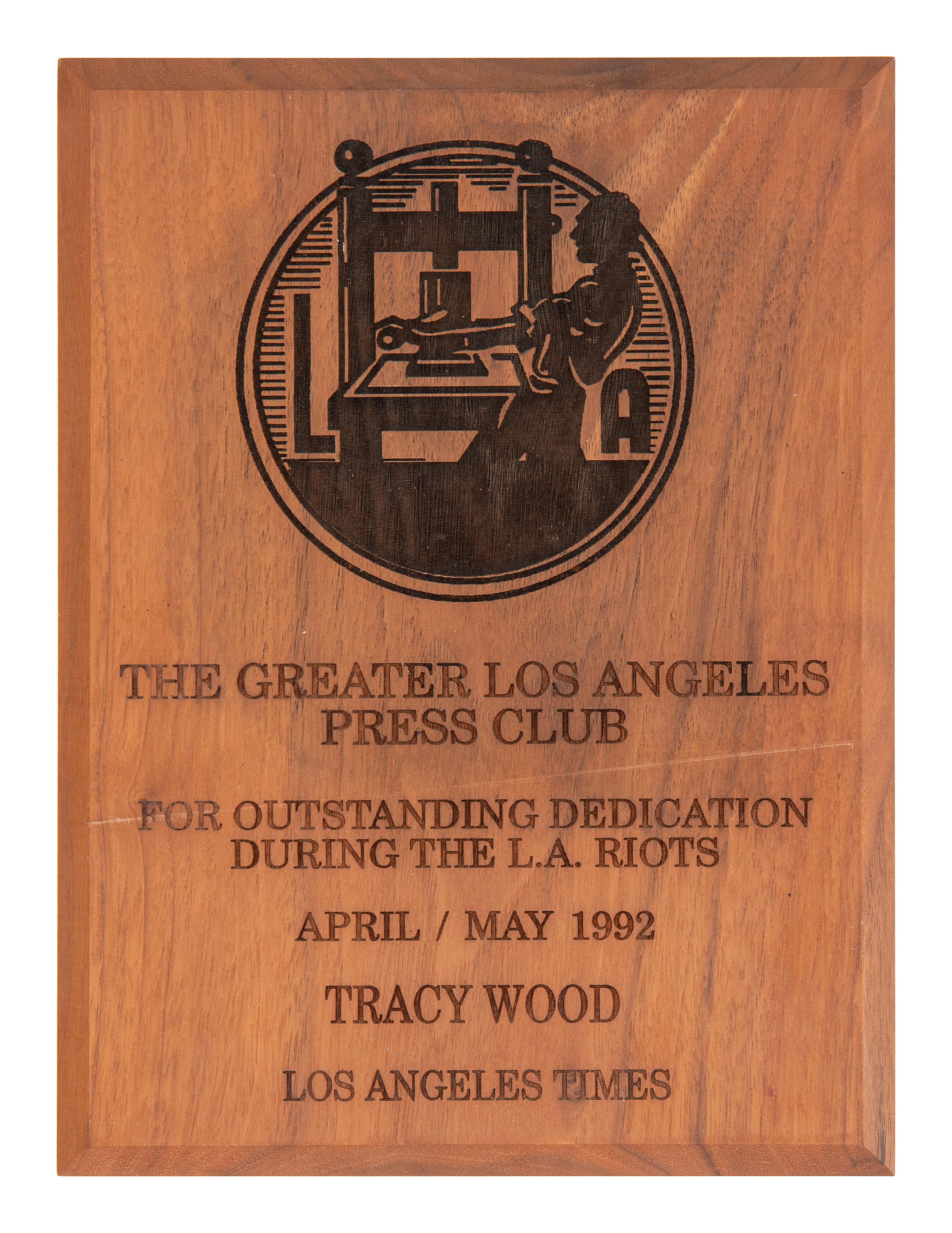 [LA RIOTS]. Greater Los Angeles Press Club award presented to journalist Tracy A. Wood (1943-2020).