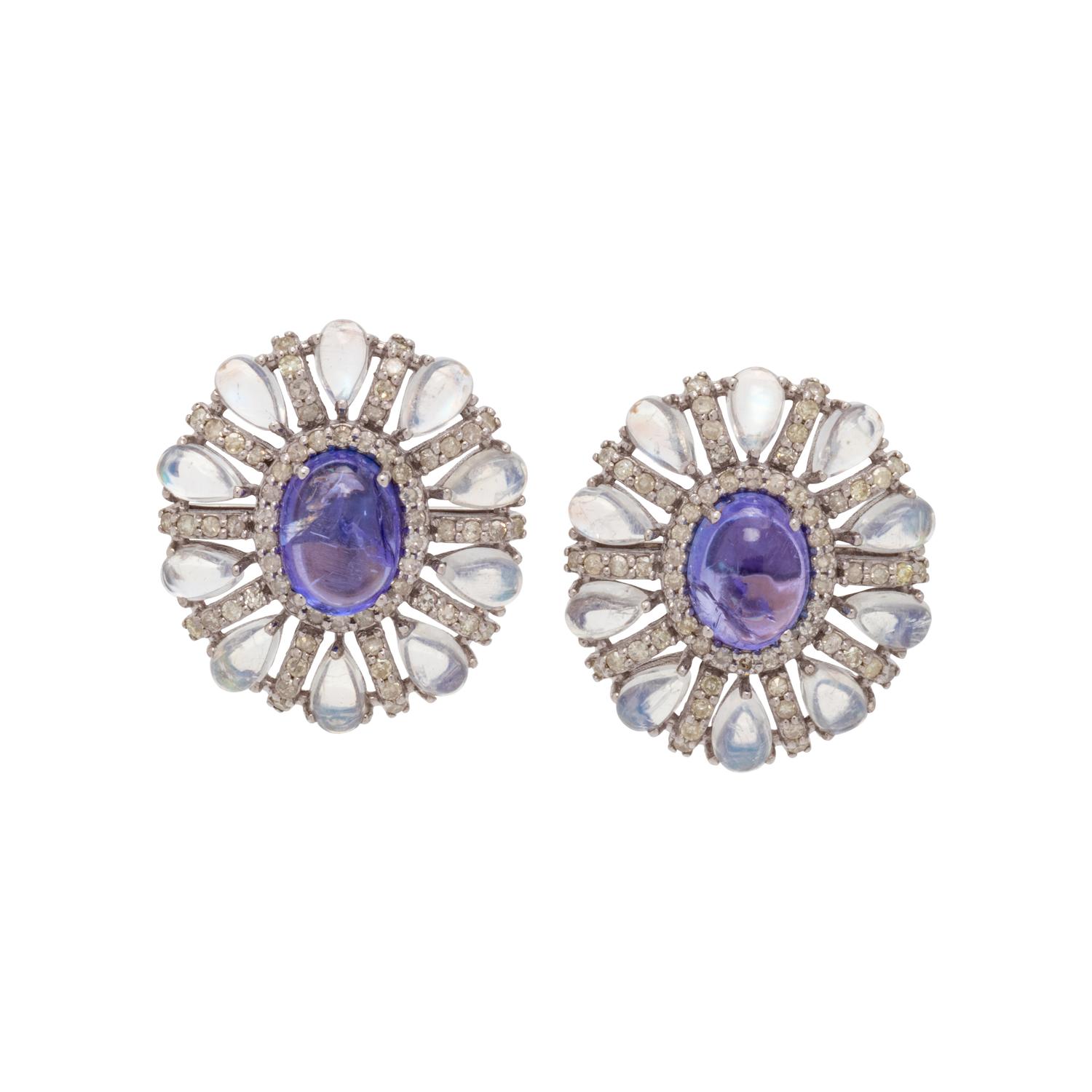 TANZANITE, MOONSTONE AND DIAMOND EARRINGS