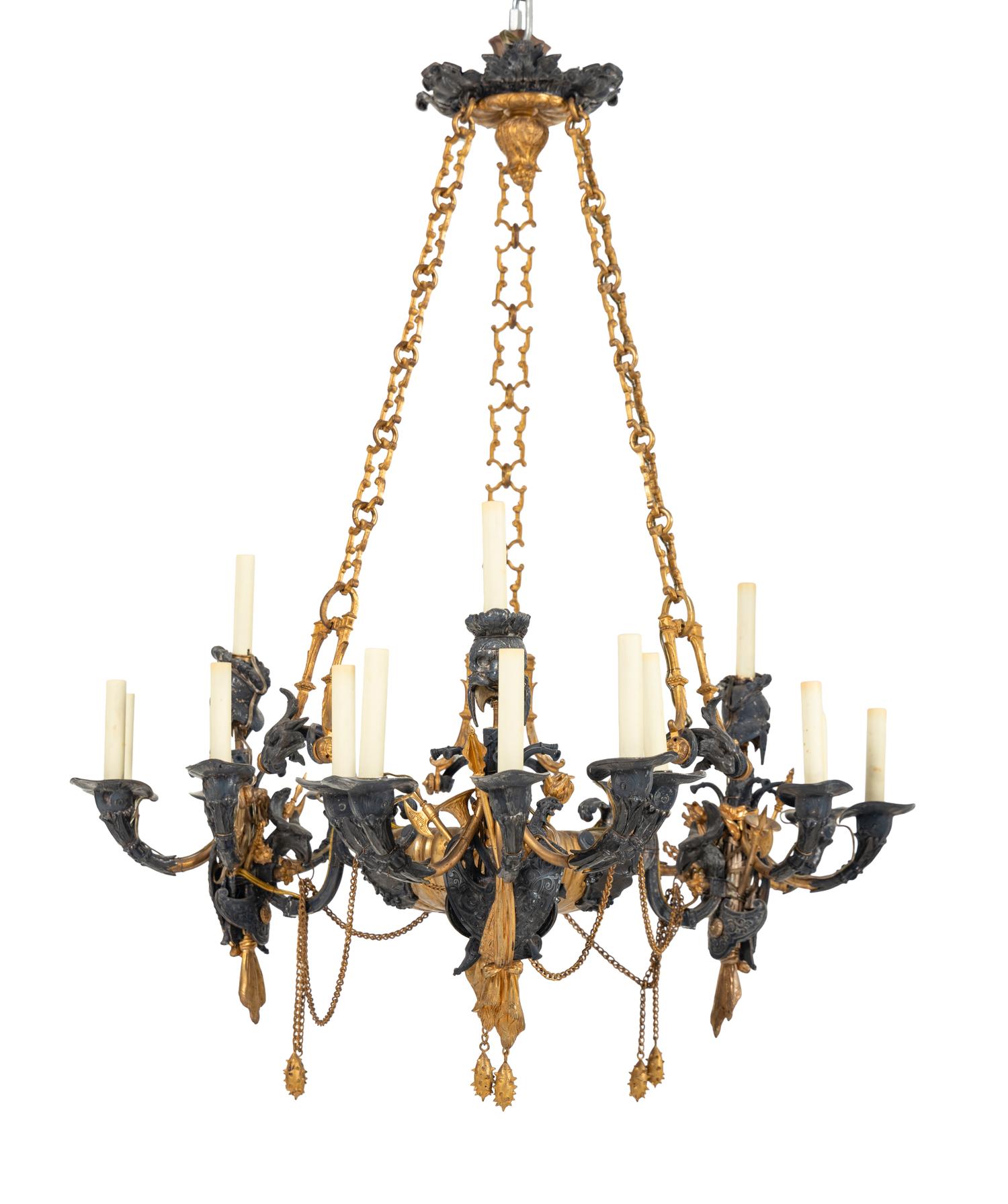 A French Neoclassical Gilt and Silvered Bronze Eighteen-Light Chandelier