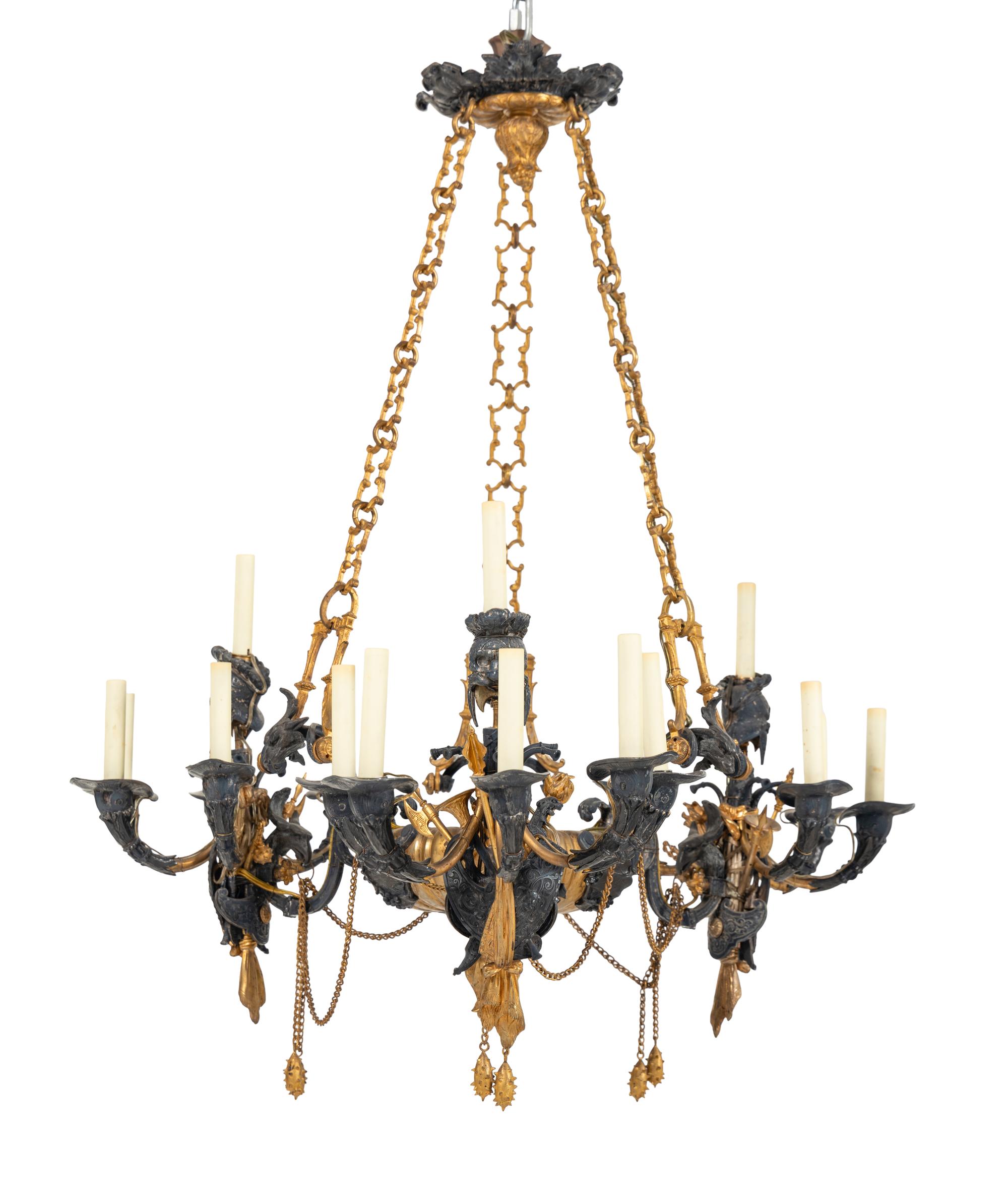 A French Neoclassical Gilt and Silvered Bronze Eighteen-Light Chandelier