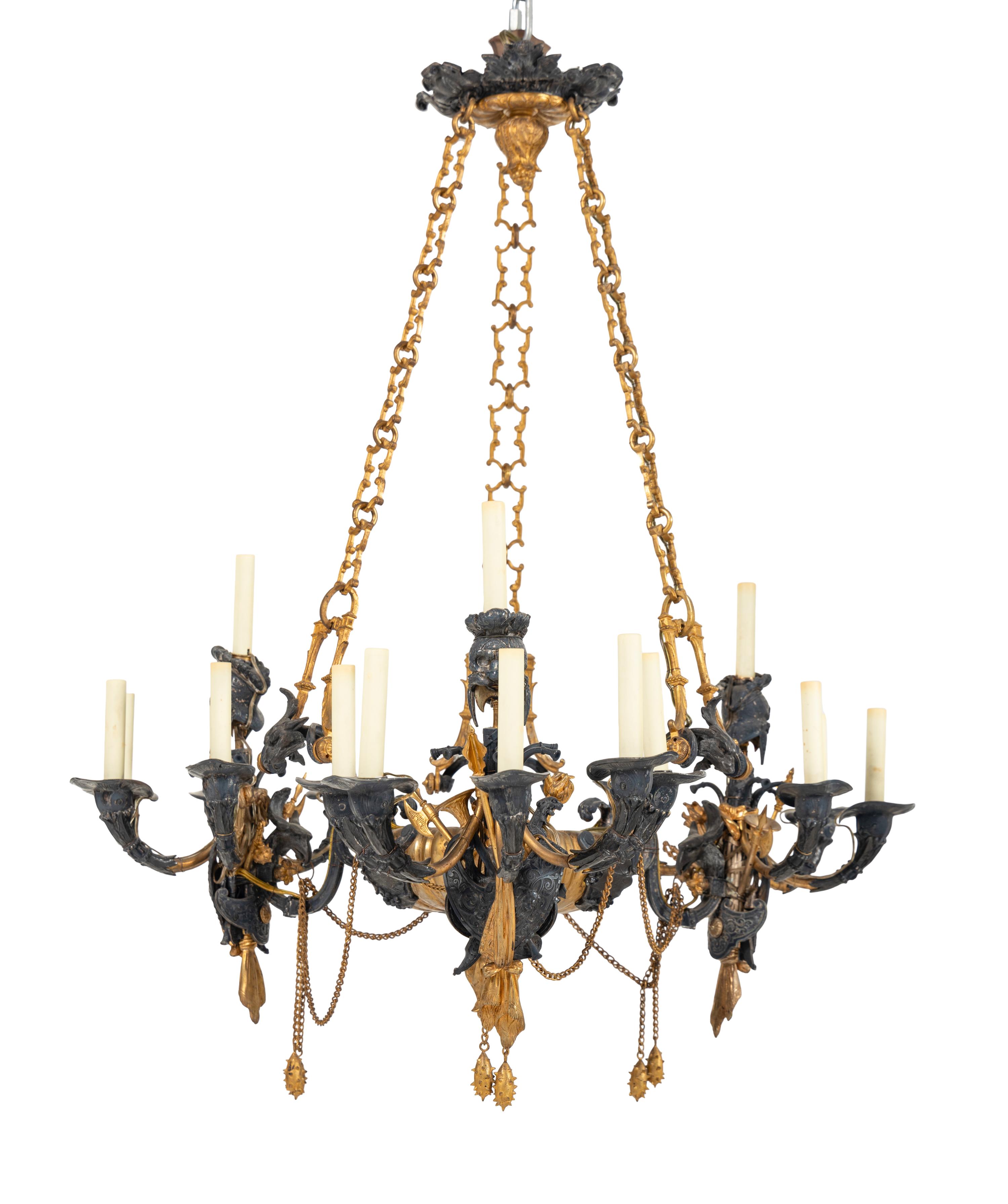 A French Neoclassical Gilt and Silvered Bronze Eighteen-Light Chandelier