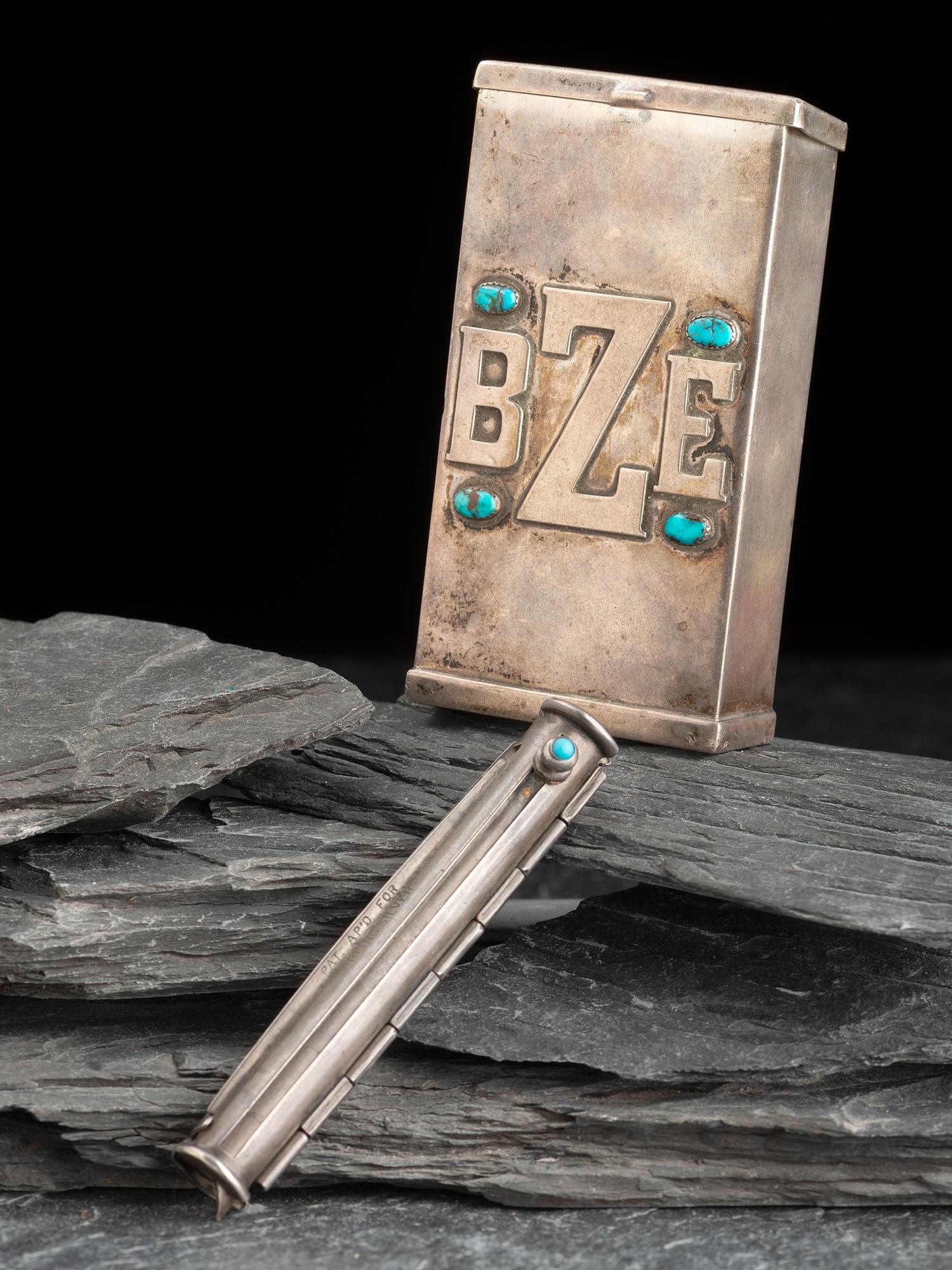 Custom Monogrammed Sterling Silver and Turquoise Cigarette Case and Holder