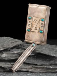 Custom Monogrammed Sterling Silver and Turquoise Cigarette Case and Holder