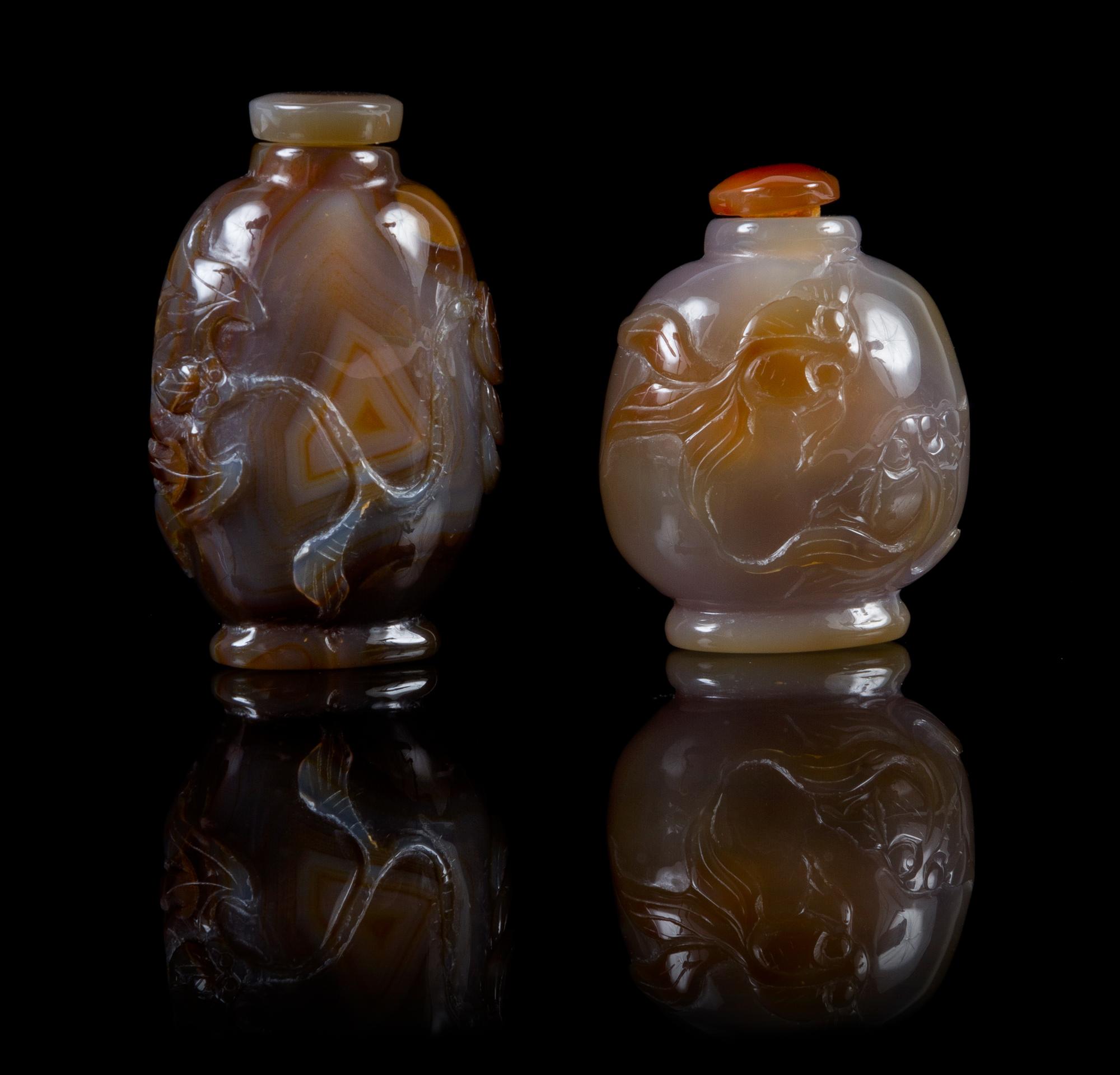 Two Agate Snuff Bottles Height of taller 3 1/8 inches.