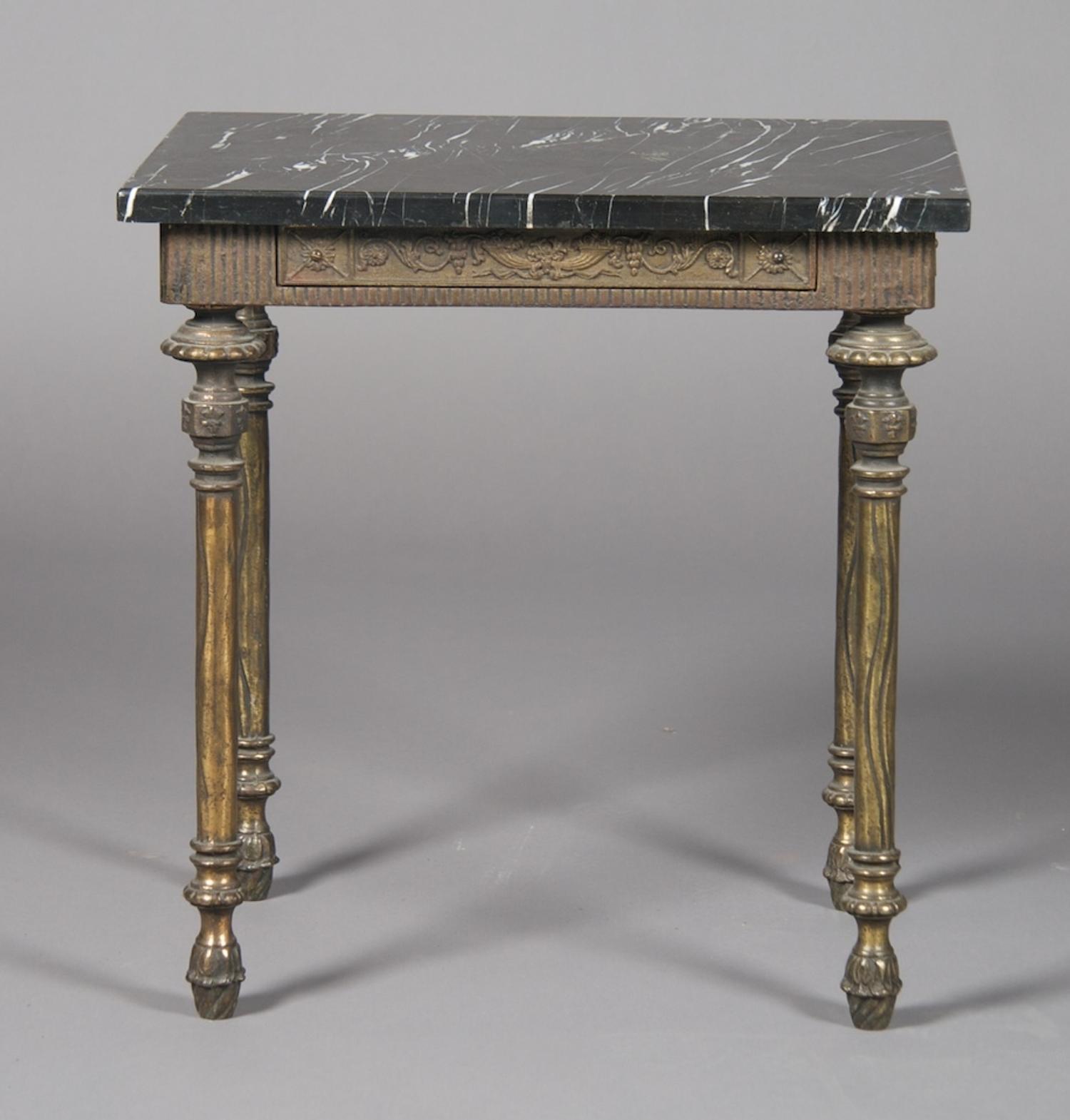 A Neoclassical Brass and Marble Low Table, Height 20 1/2 x width 20 x depth 15 inches.