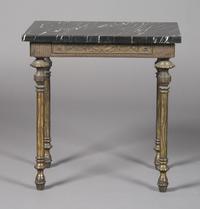 A Neoclassical Brass and Marble Low Table, Height 20 1/2 x width 20 x depth 15 inches.